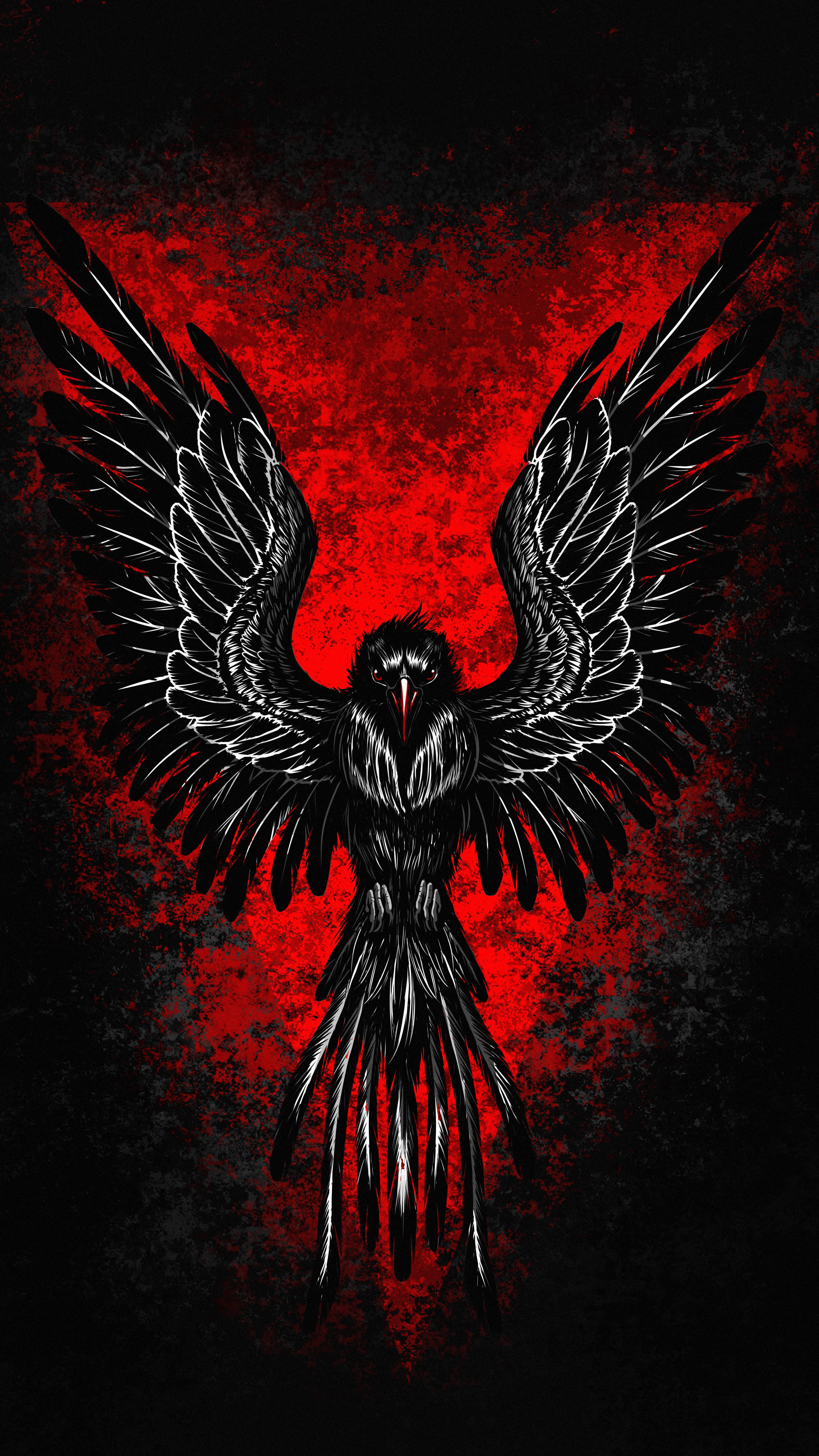 Black Raven, 8K, textured red and black background, 5K Phone Wallpaper