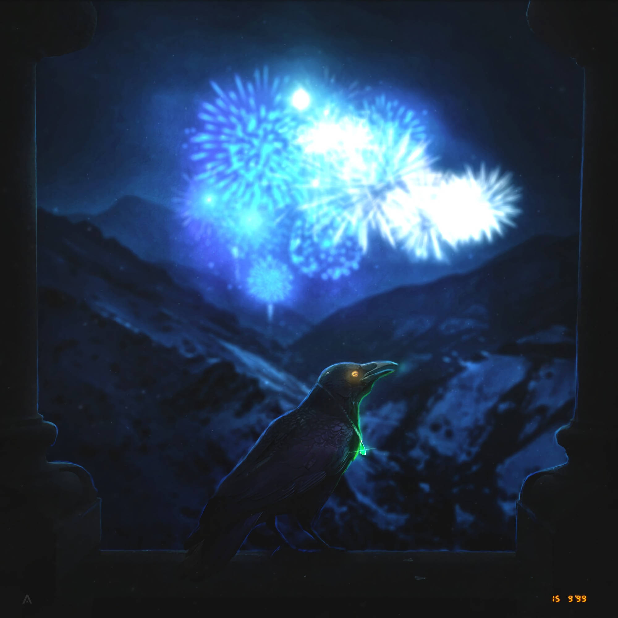 Raven, fireworks, blue fireworks, Full HD Desktop Wallpaper