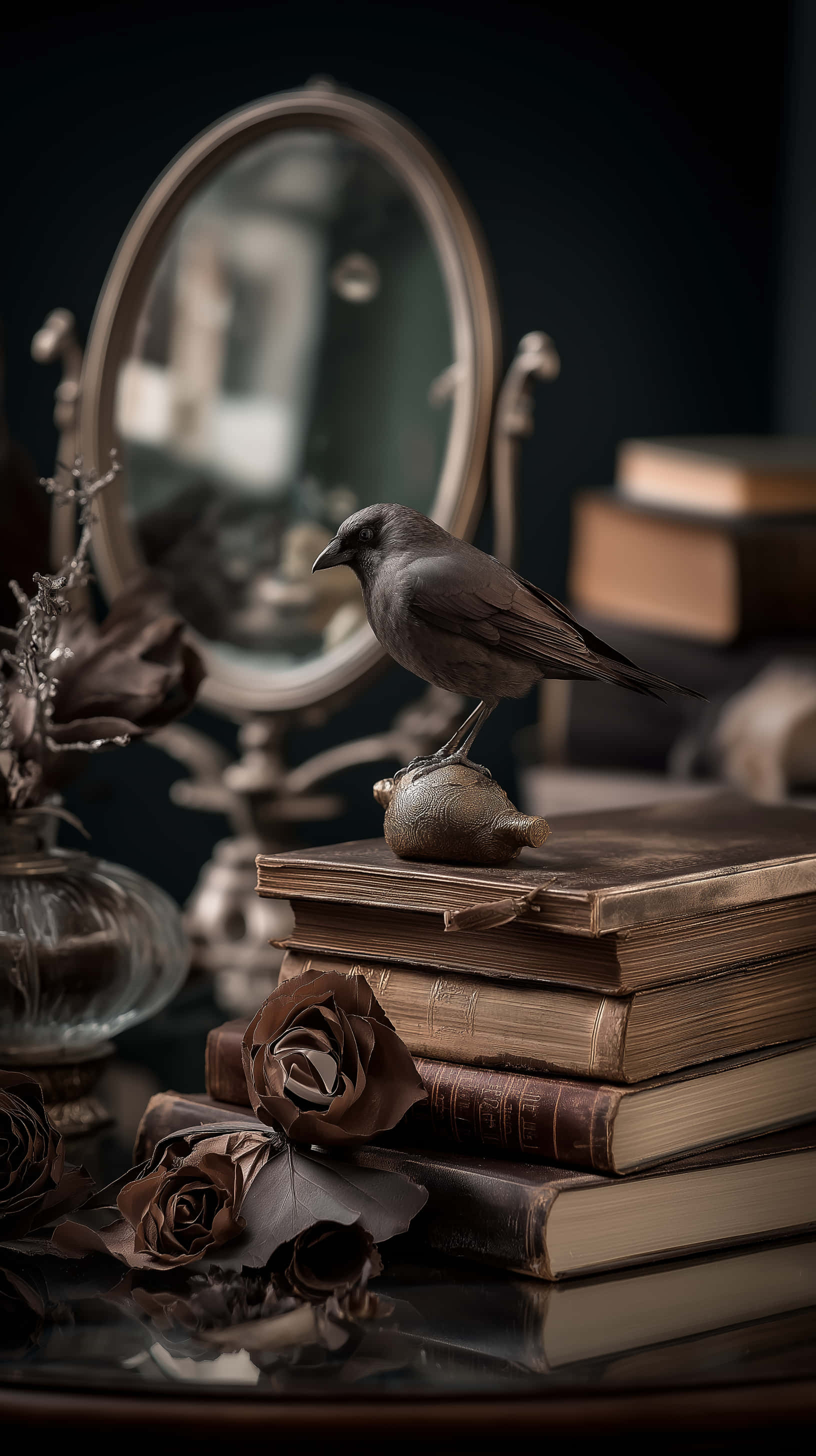 Raven, vintage mirror, dried roses, 2K Phone Wallpaper