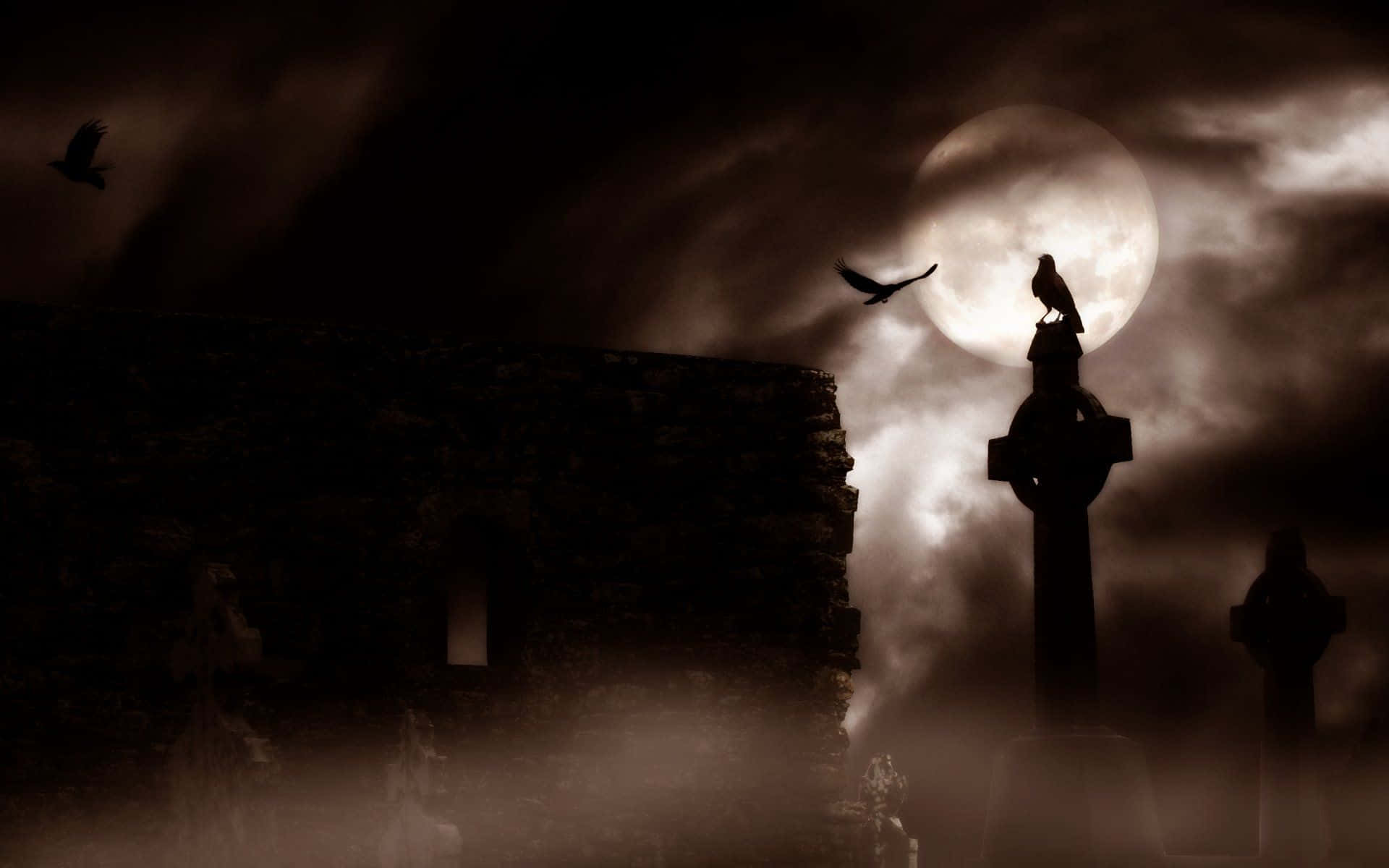 Celtic cross, crumbling stone ruins, full moon, Full HD Desktop Wallpaper