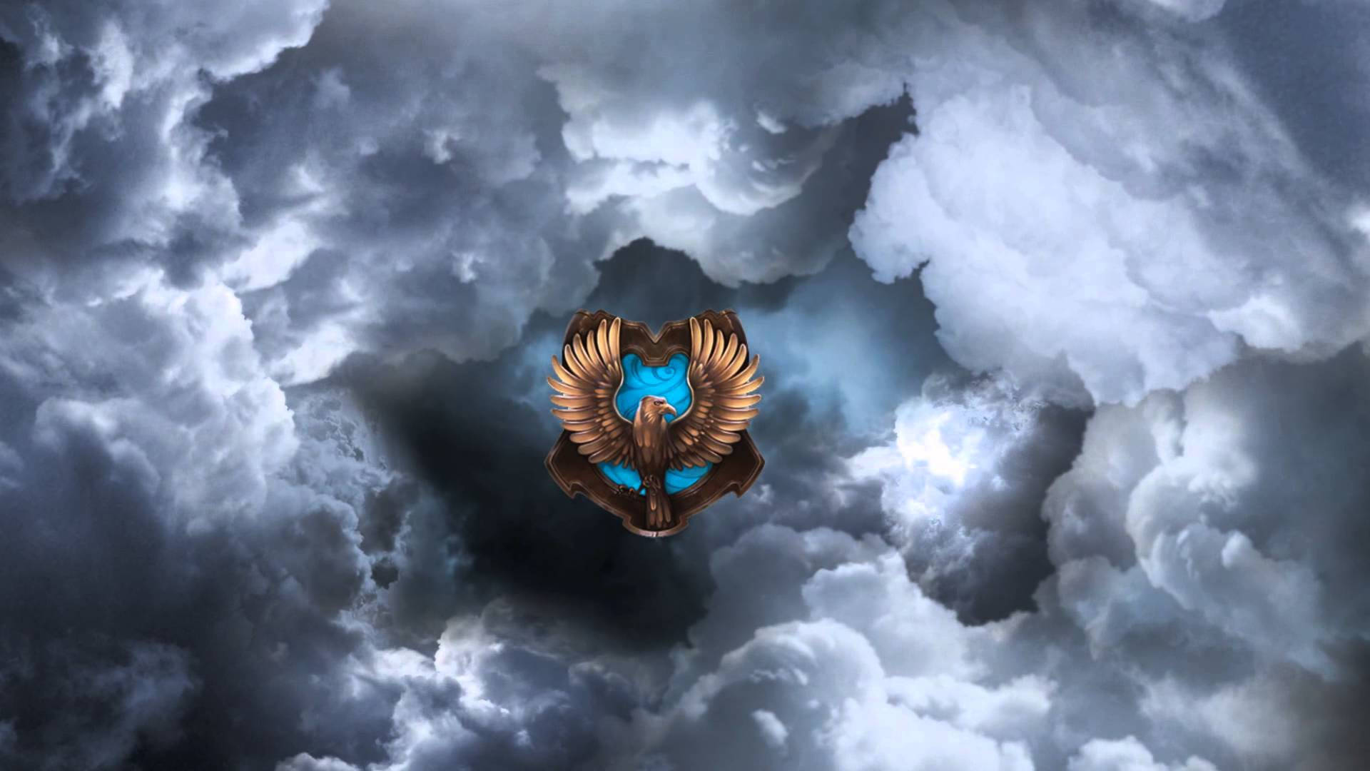 Ravenclaw crest, golden eagle emblem, glowing blue heart center, Full HD Desktop Wallpaper