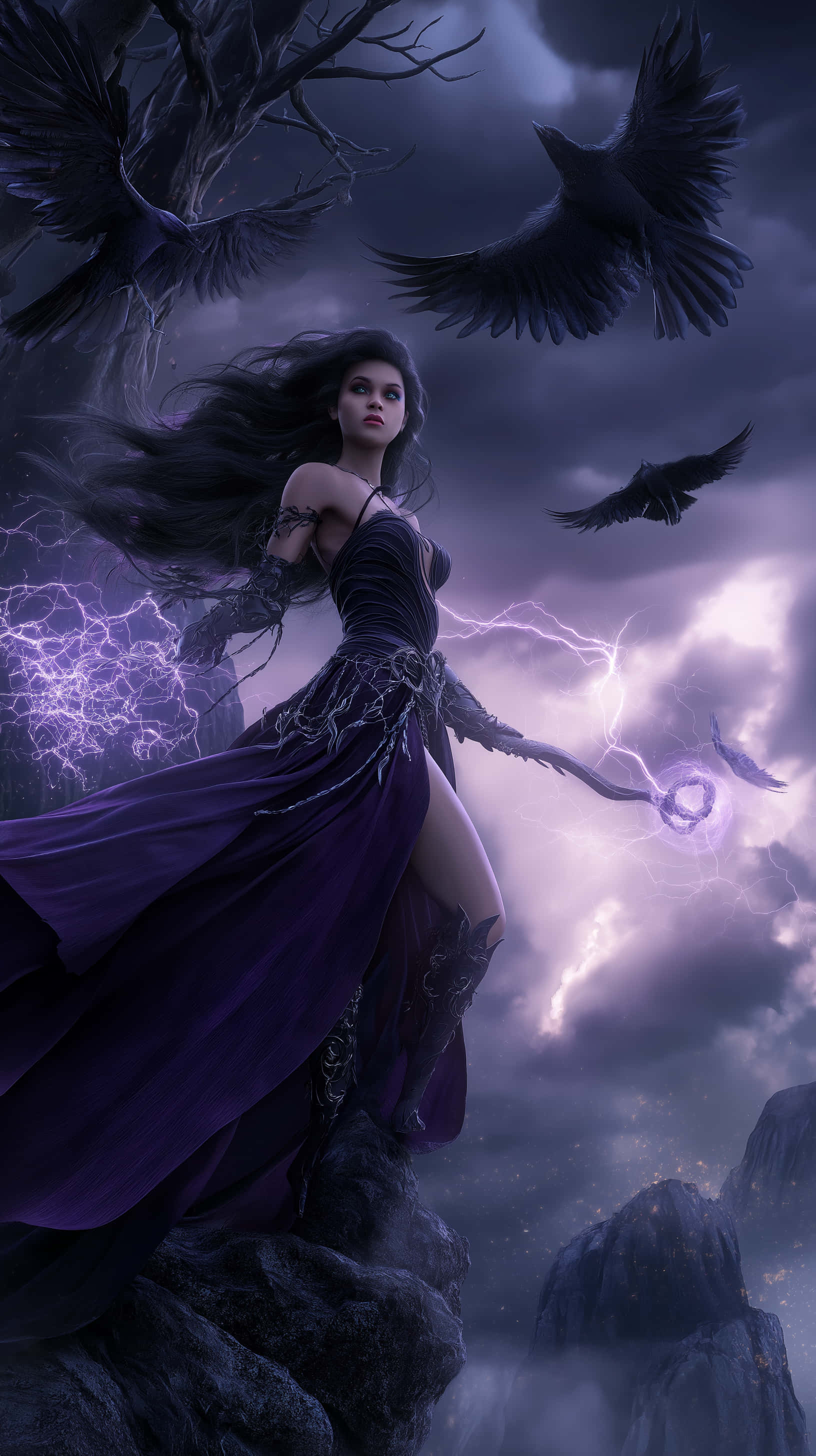 mystic sorceress, purple gown, rocky cliff, 2K Phone Wallpaper