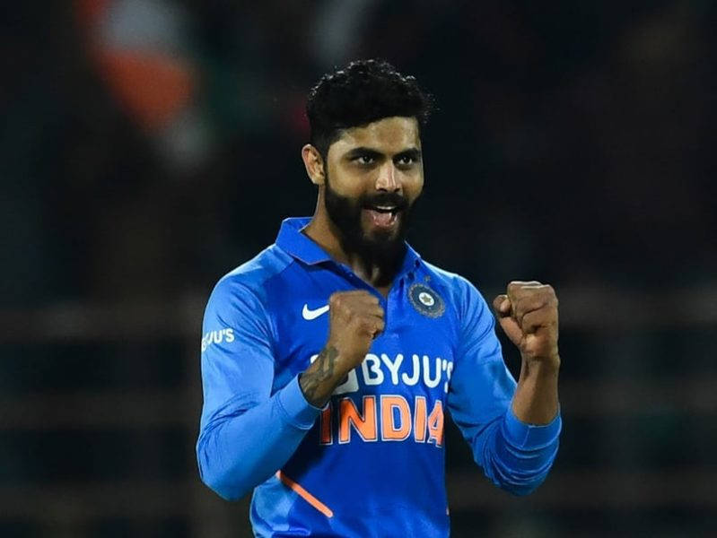 Ravindra Jadeja, blue India jersey, stadium lights, SD Desktop Wallpaper