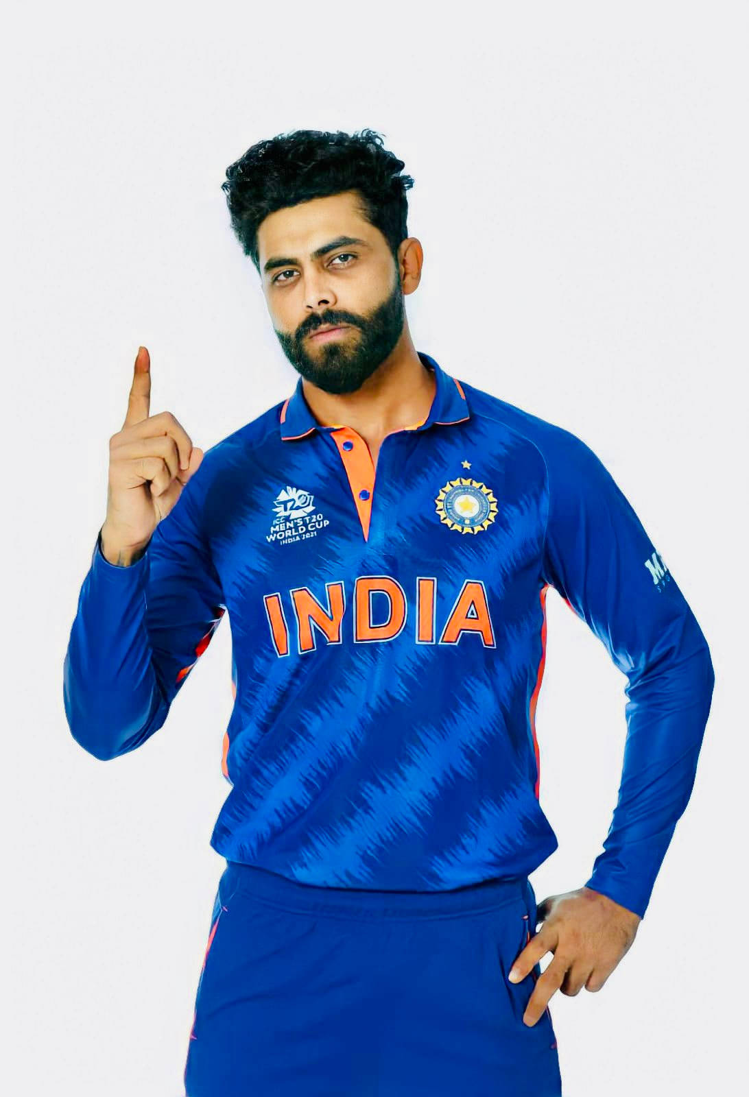 Ravindra Jadeja, blue and orange team jersey, plain white background, HD Phone Wallpaper