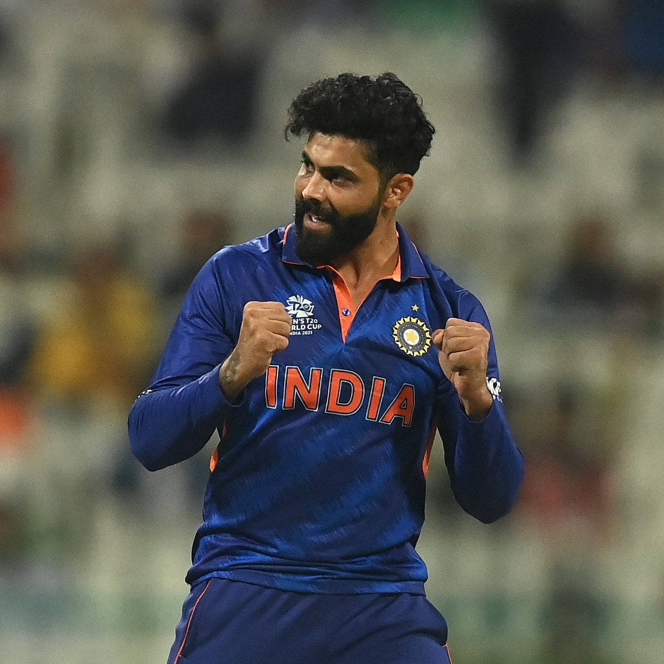 Ravindra Jadeja, blue jersey, stadium lights, HD Desktop Wallpaper