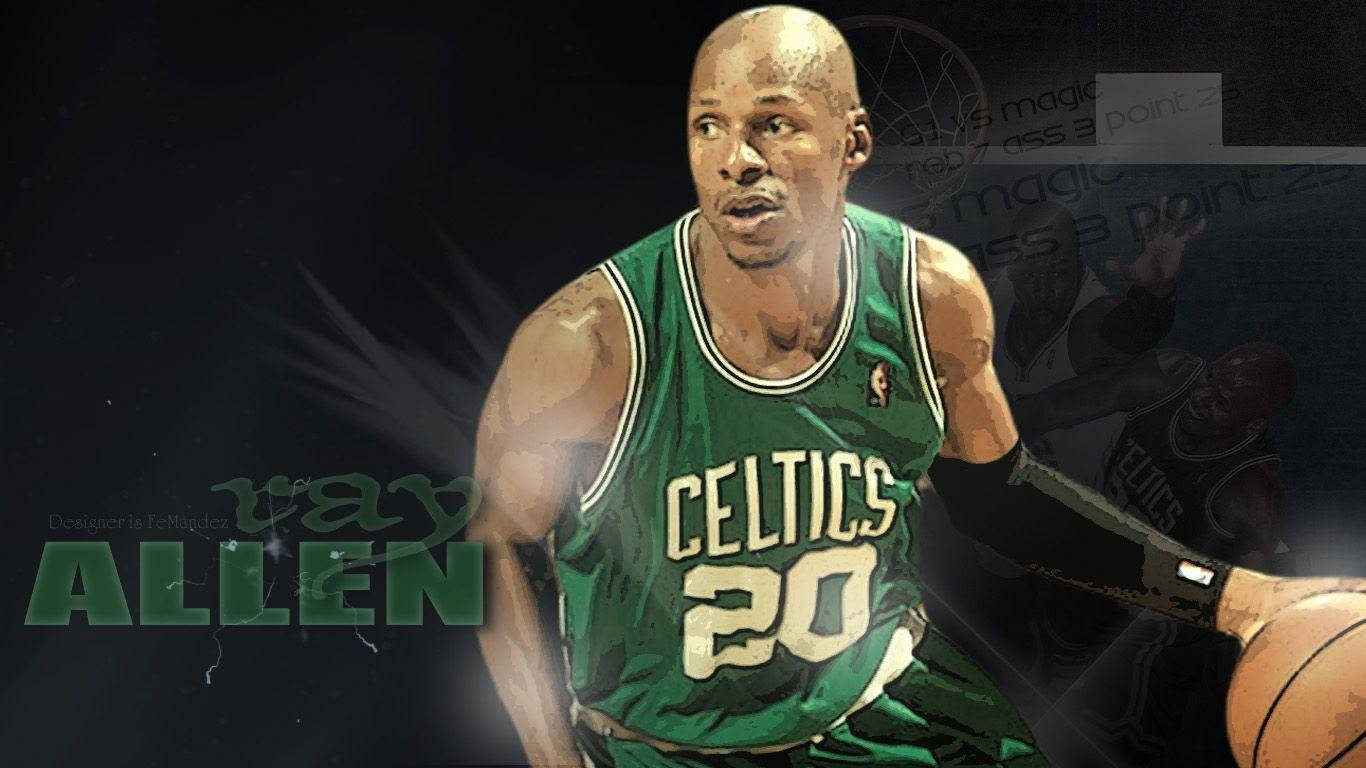 Ray Allen, green Celtics jersey, dribbling basketball, HD Desktop Wallpaper