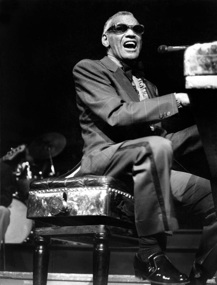 Ray Charles, grand piano, drum set, SD Phone Wallpaper