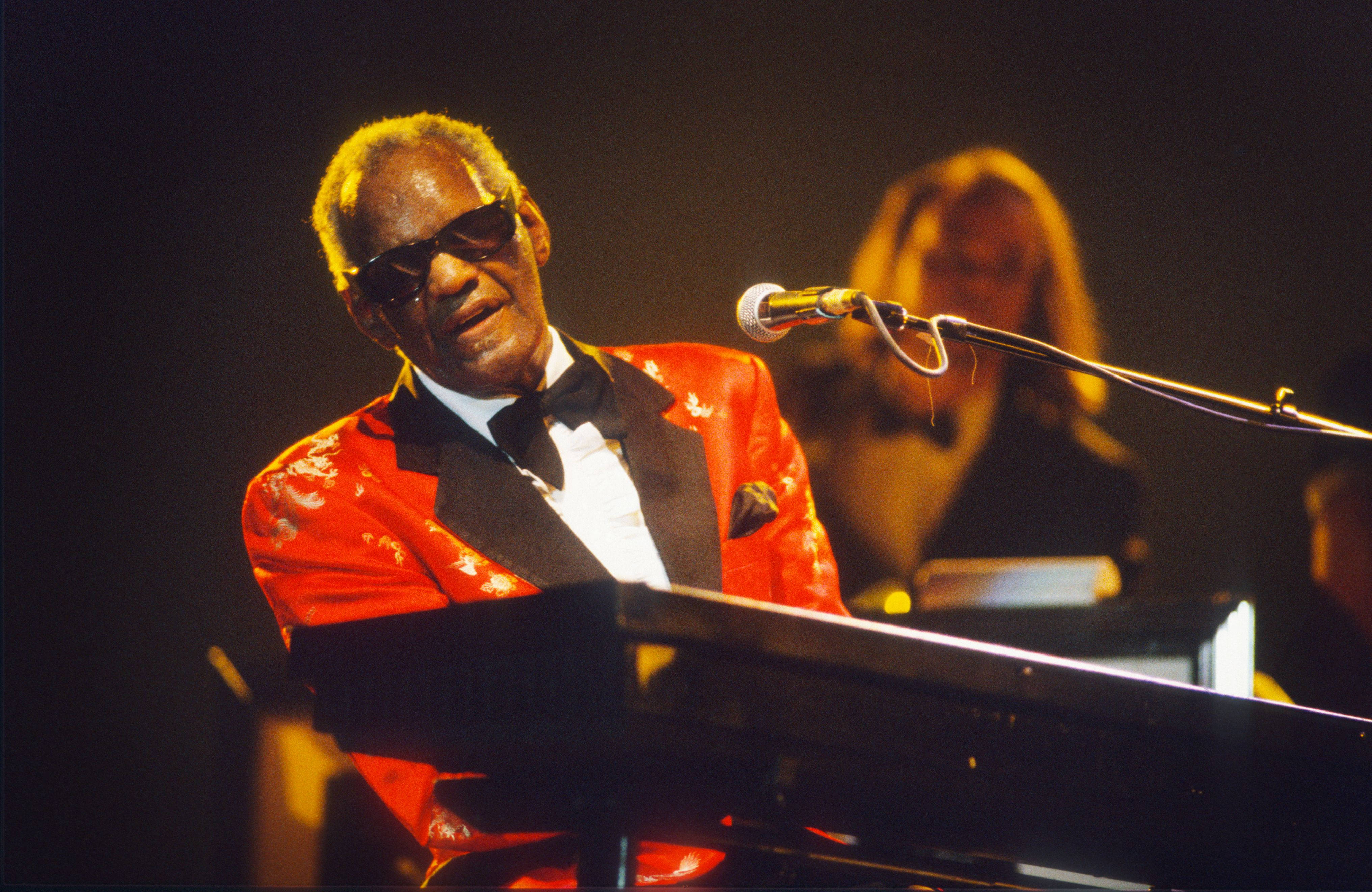 Ray Charles, jazz pianist, vibrant red jacket, 4K Desktop Wallpaper