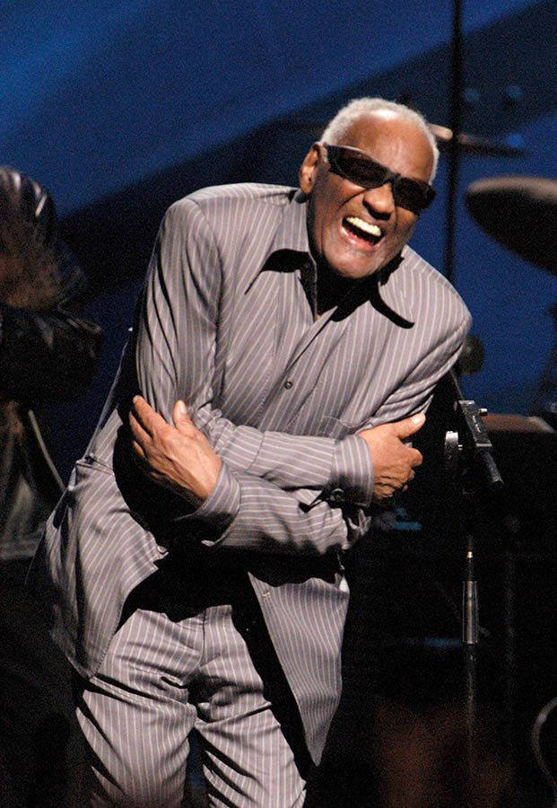 Ray Charles, pinstripe suit, sunglasses, SD Phone Wallpaper