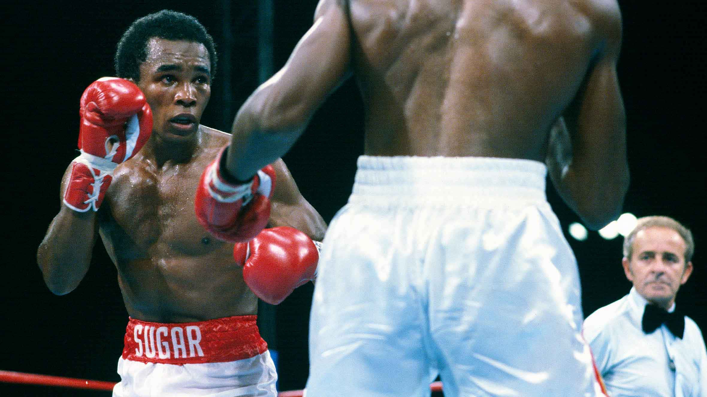 Ray Leonard, red boxing gloves, SUGAR trunks, Full HD Desktop Wallpaper