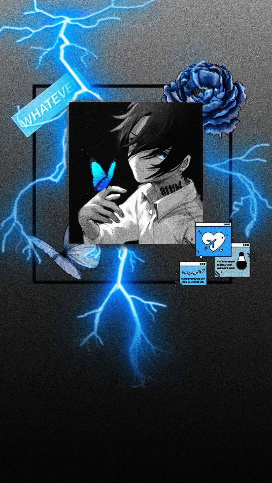 Ray The Promised Neverland, blue butterfly, electric blue lightning, Full HD Phone Wallpaper
