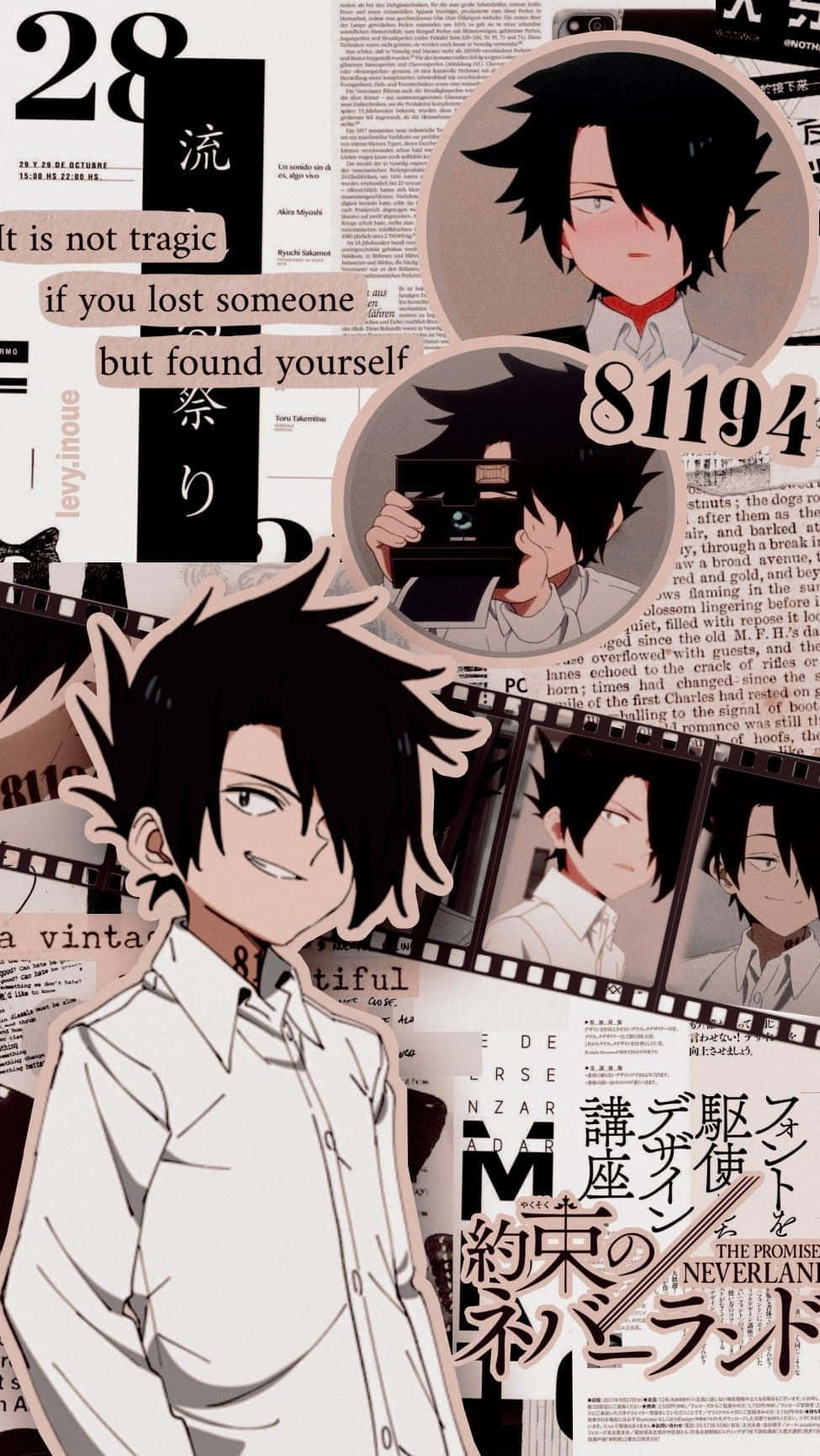 Ray The Promised Neverland, spiky black hair, collage of newspaper clippings, HD Phone Wallpaper