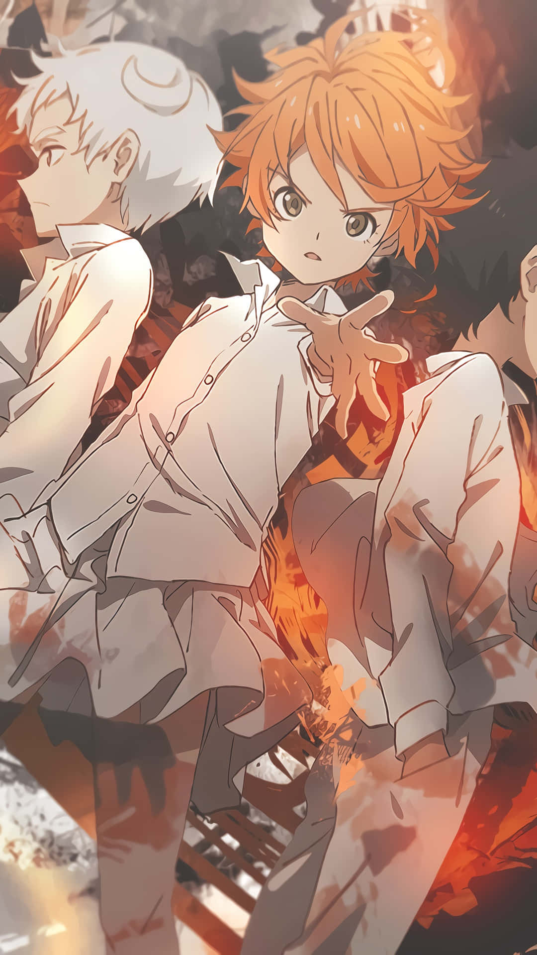 Ray The Promised Neverland, white shirts, fiery orange and red flames, Full HD Phone Wallpaper