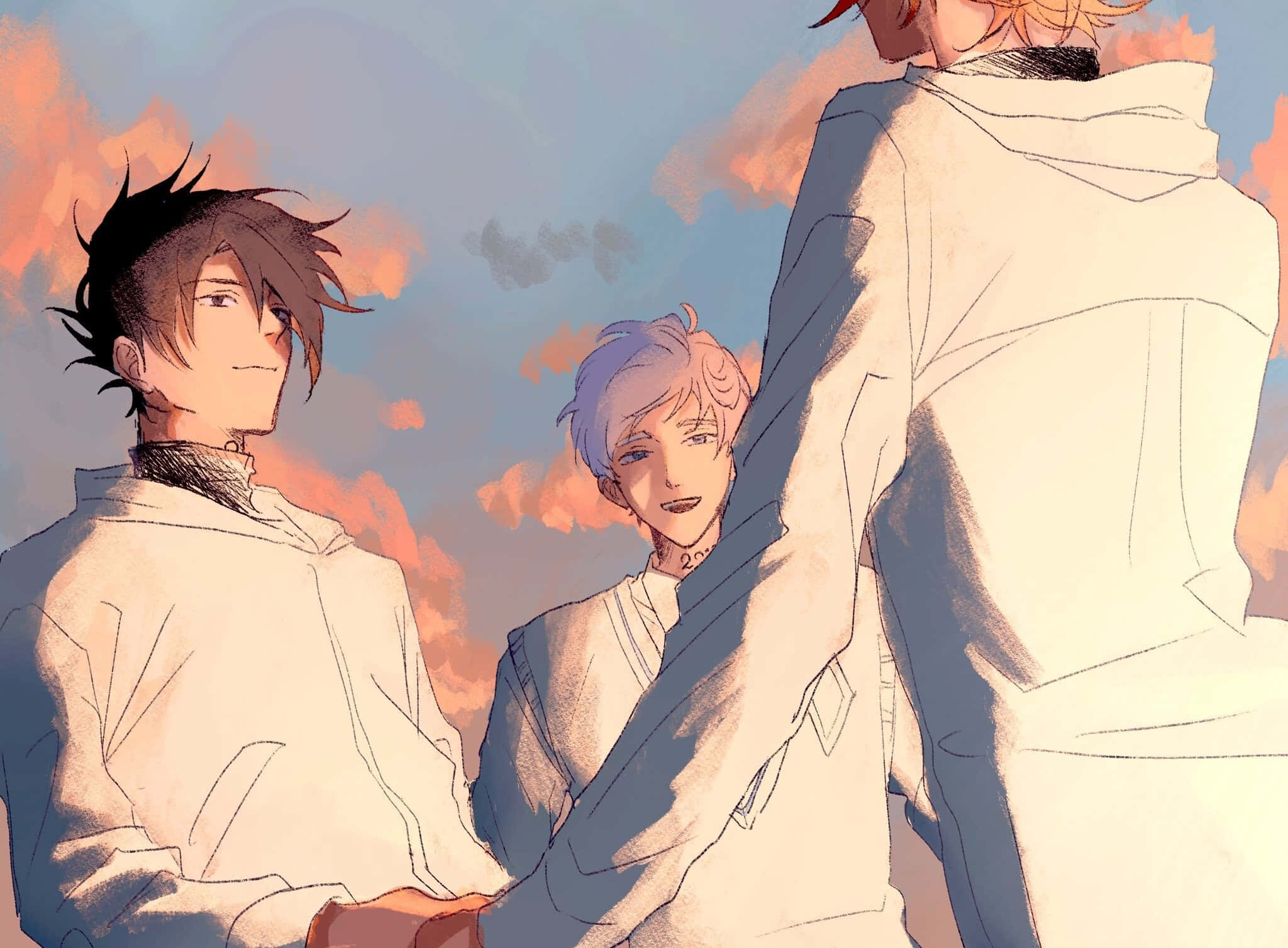 Ray The Promised Neverland, anime boys, white hoodies, Full HD Desktop Wallpaper