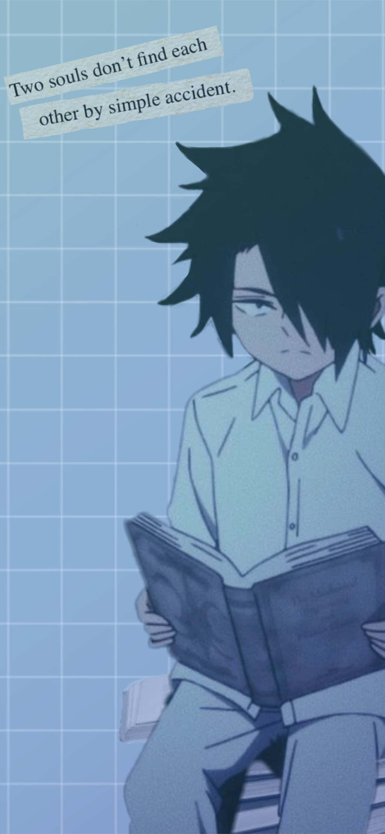 Ray The Promised Neverland, spiky black hair, light blue grid background, 2K Phone Wallpaper