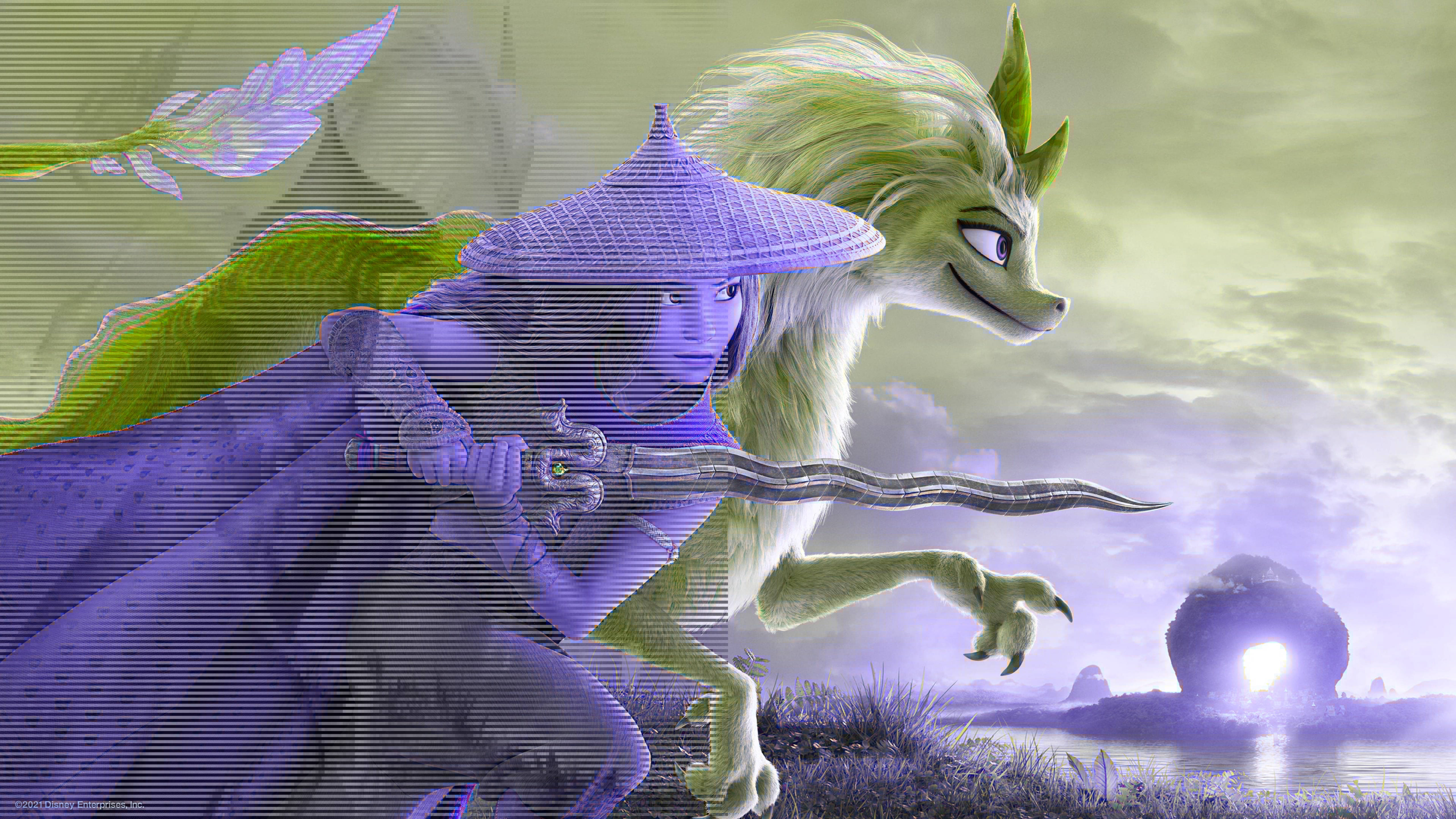 Raya And The Last Dragon, purple-clad warrior, green dragon, 5K Desktop Wallpaper