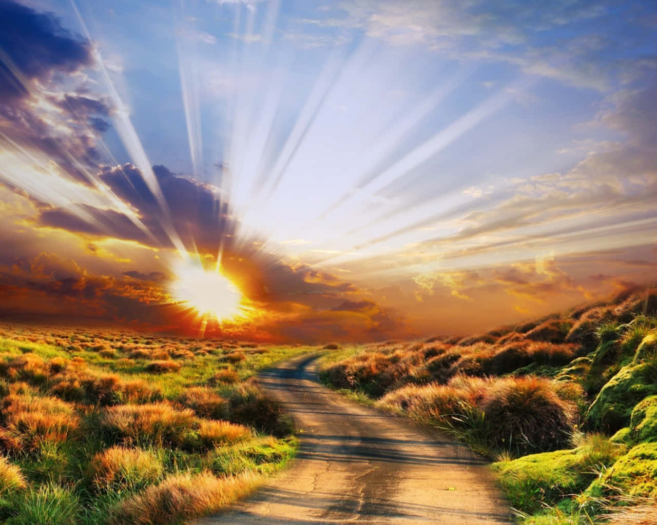 sunburst, clouds, winding dirt path, HD Desktop Wallpaper