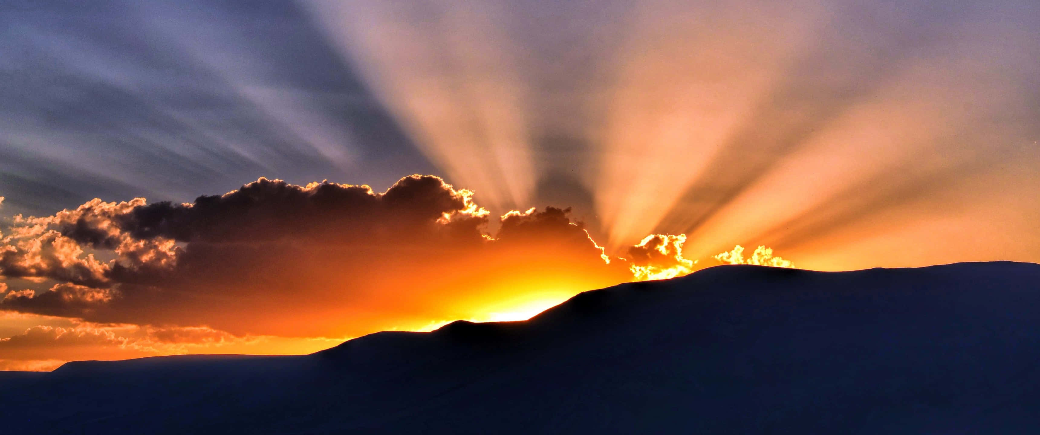 sun rays, snowcapped mountain ridge, sunset, 2K Desktop Wallpaper