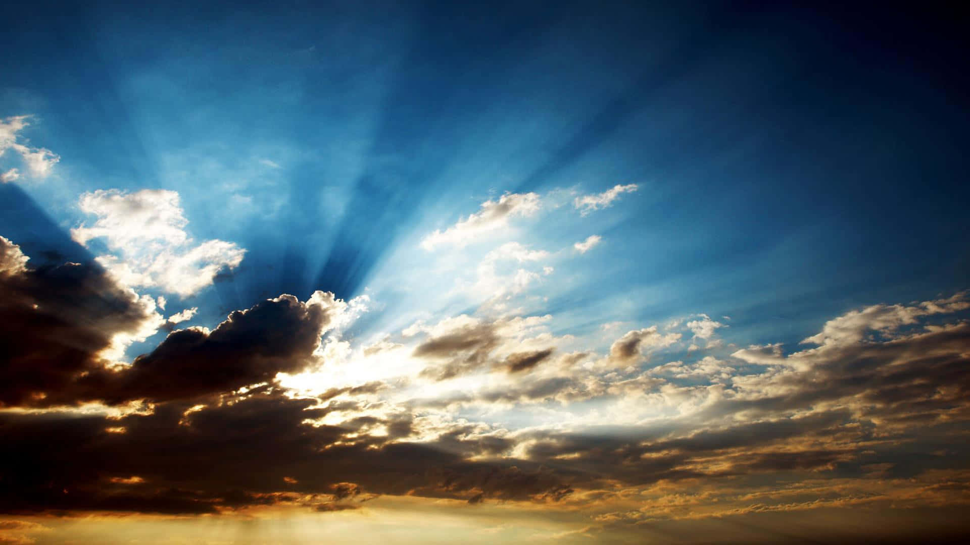 sun rays, golden rays, deep blue sky, Full HD Desktop Wallpaper