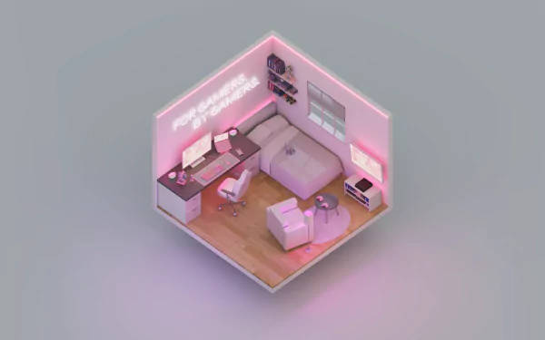 Pink Razer Studio 4K, isometric view, cozy pink neon lit gamer room, SD Desktop Wallpaper