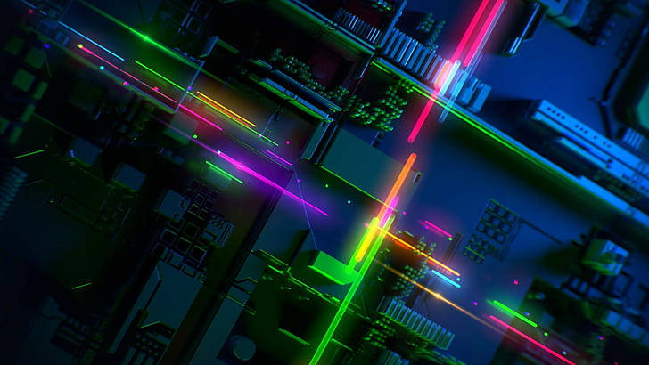 Razer, futuristic city, neon laser beams, SD Desktop Wallpaper