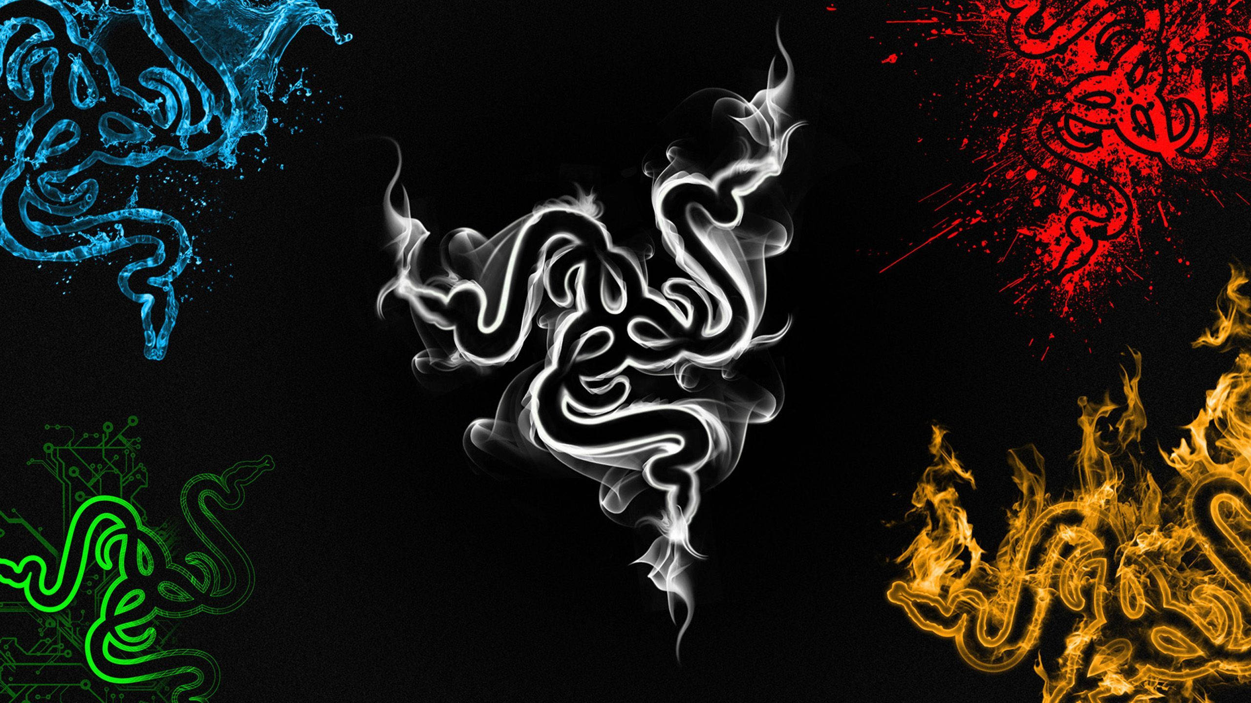 Razer, white smoke Razer logo, blue water, 2K Desktop Wallpaper