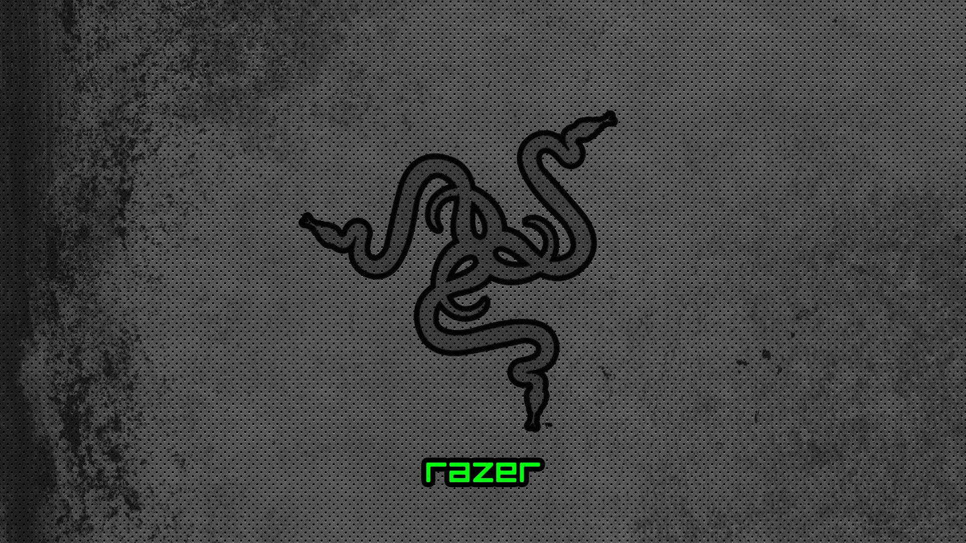 Razer, grayscale dotted Razer PC logo, glowing green text, Full HD Desktop Wallpaper