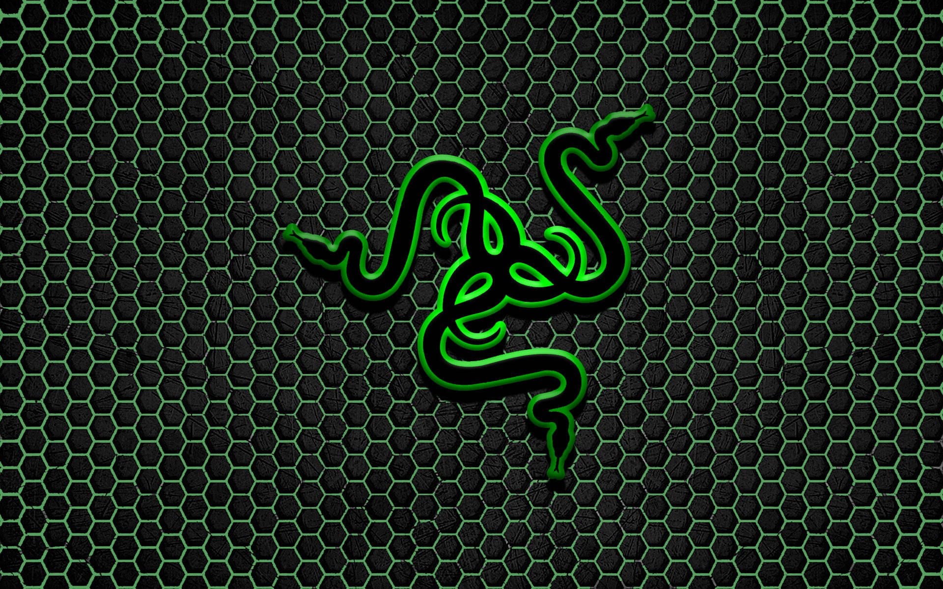 Razer PC, glowing green Razer logo, dark hexagonal mesh background, Full HD Desktop Wallpaper