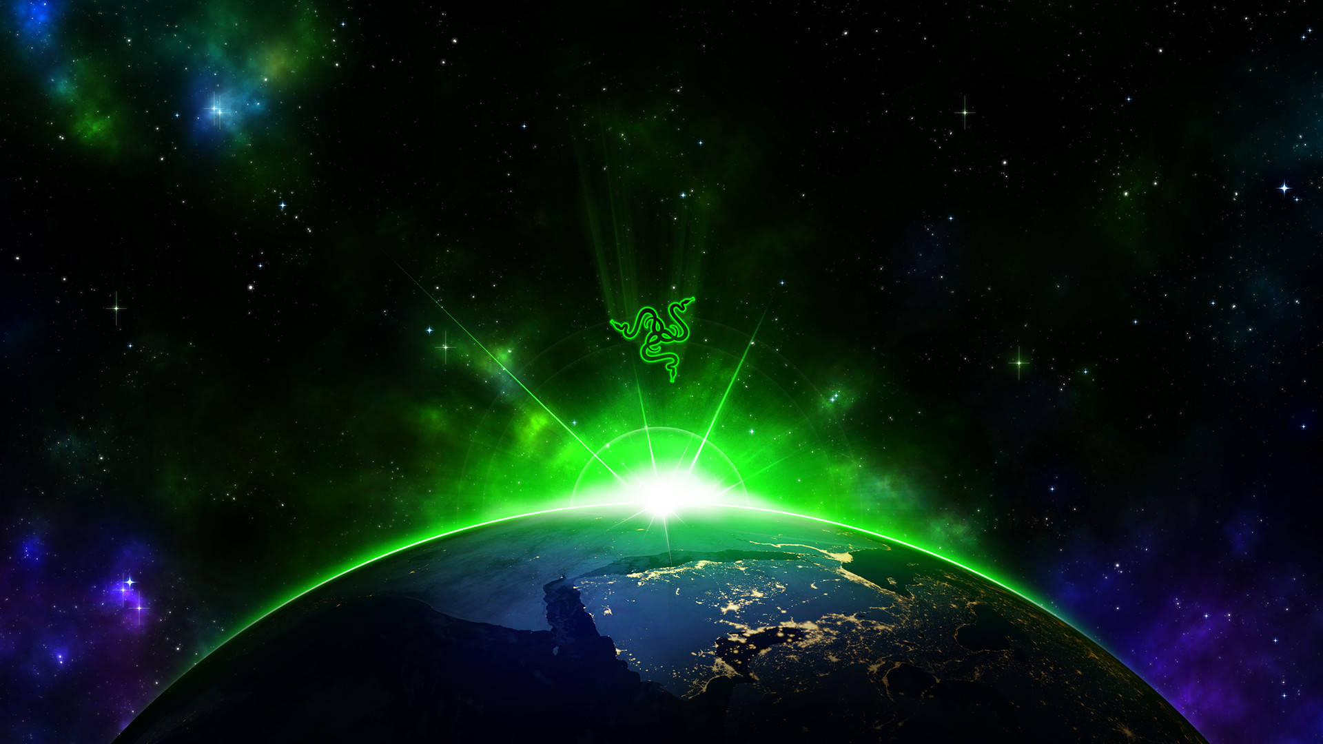 Razer PC, glowing green Razer logo, Earth's horizon, Full HD Desktop Wallpaper