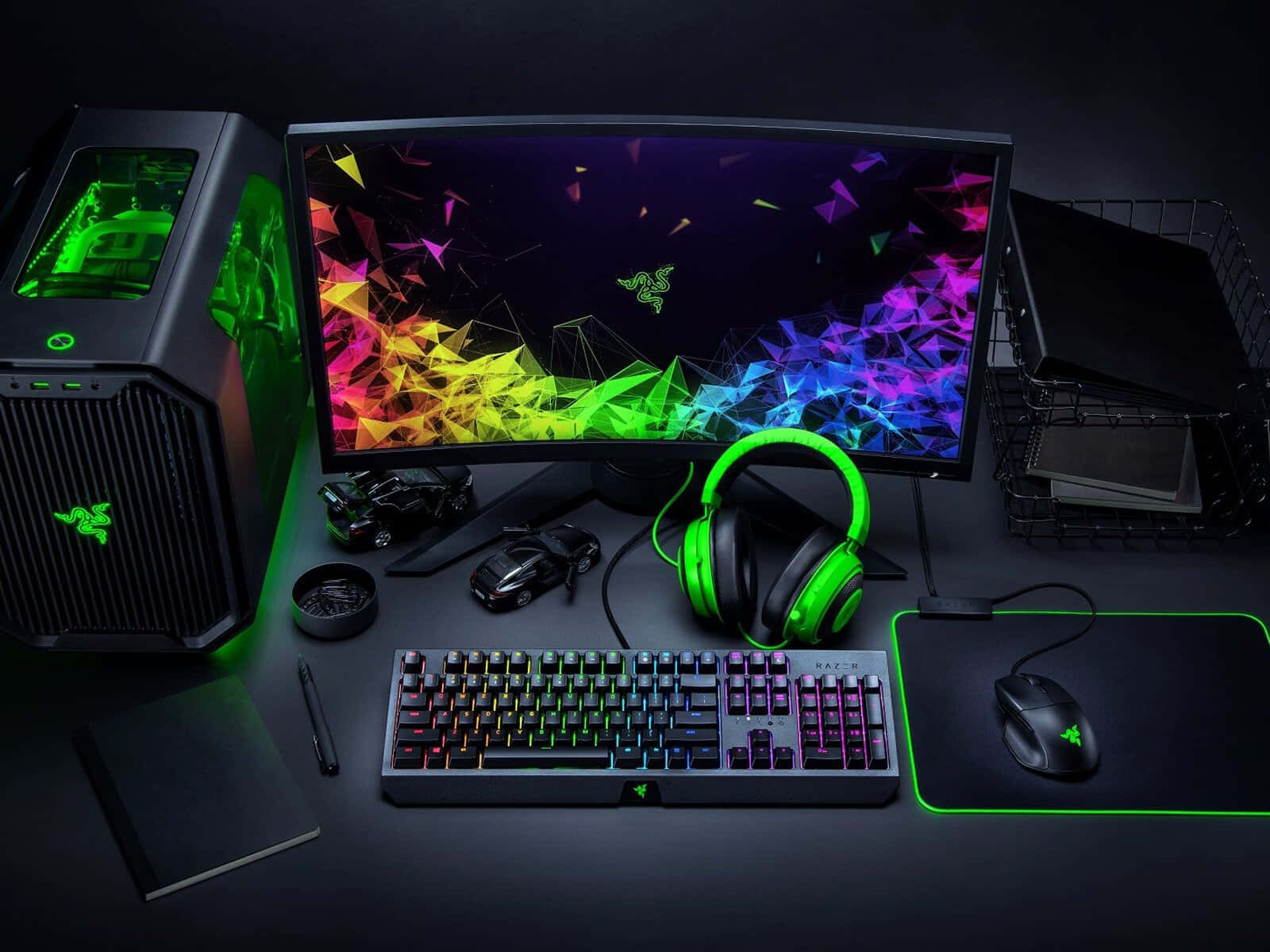 Razer, glowing green Razer gear, vibrant rainbow geometric wallpaper, HD Desktop Wallpaper