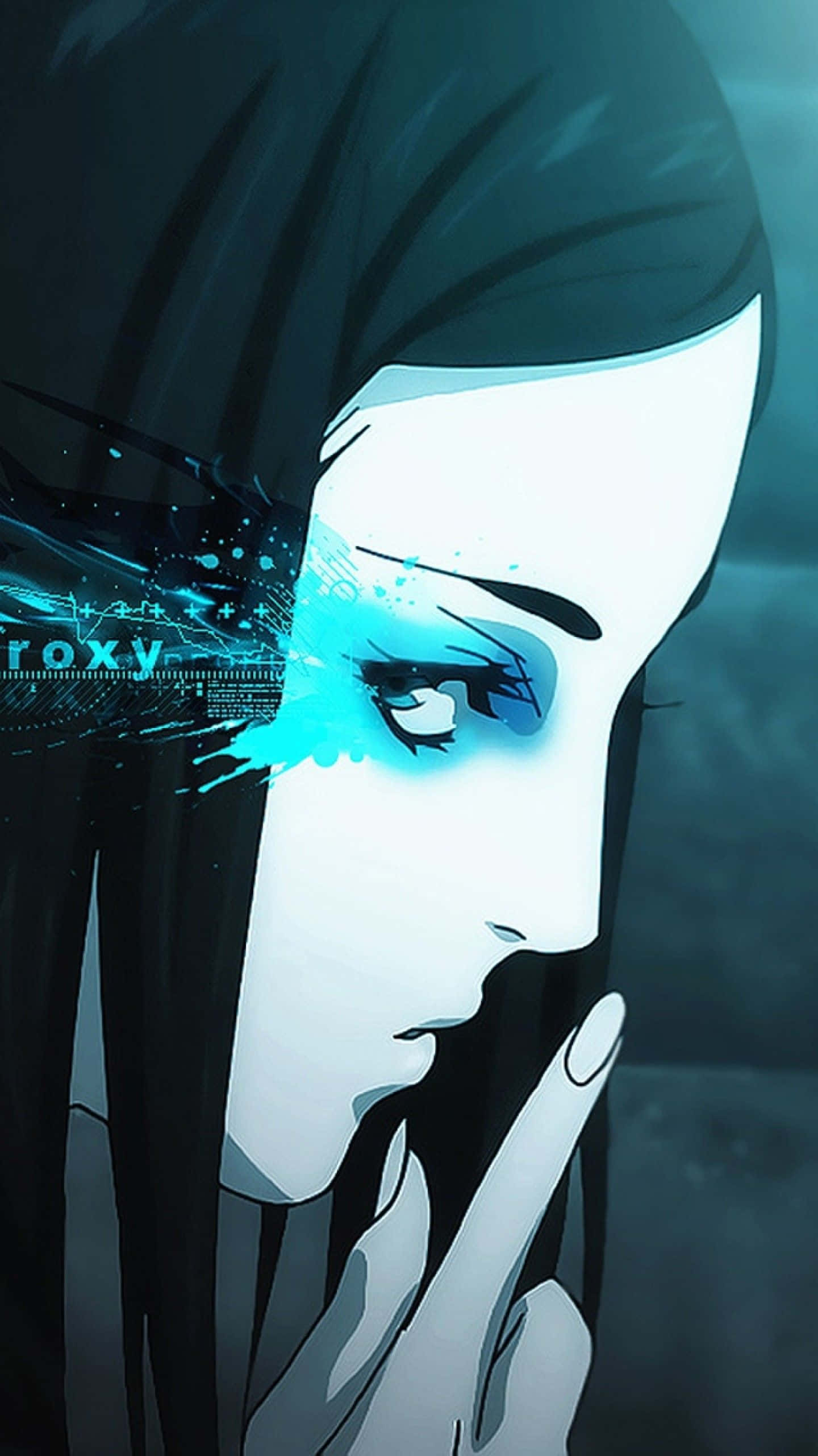 Re-l Mayer, glowing blue cybernetic eye, dark hair, 2K Phone Wallpaper