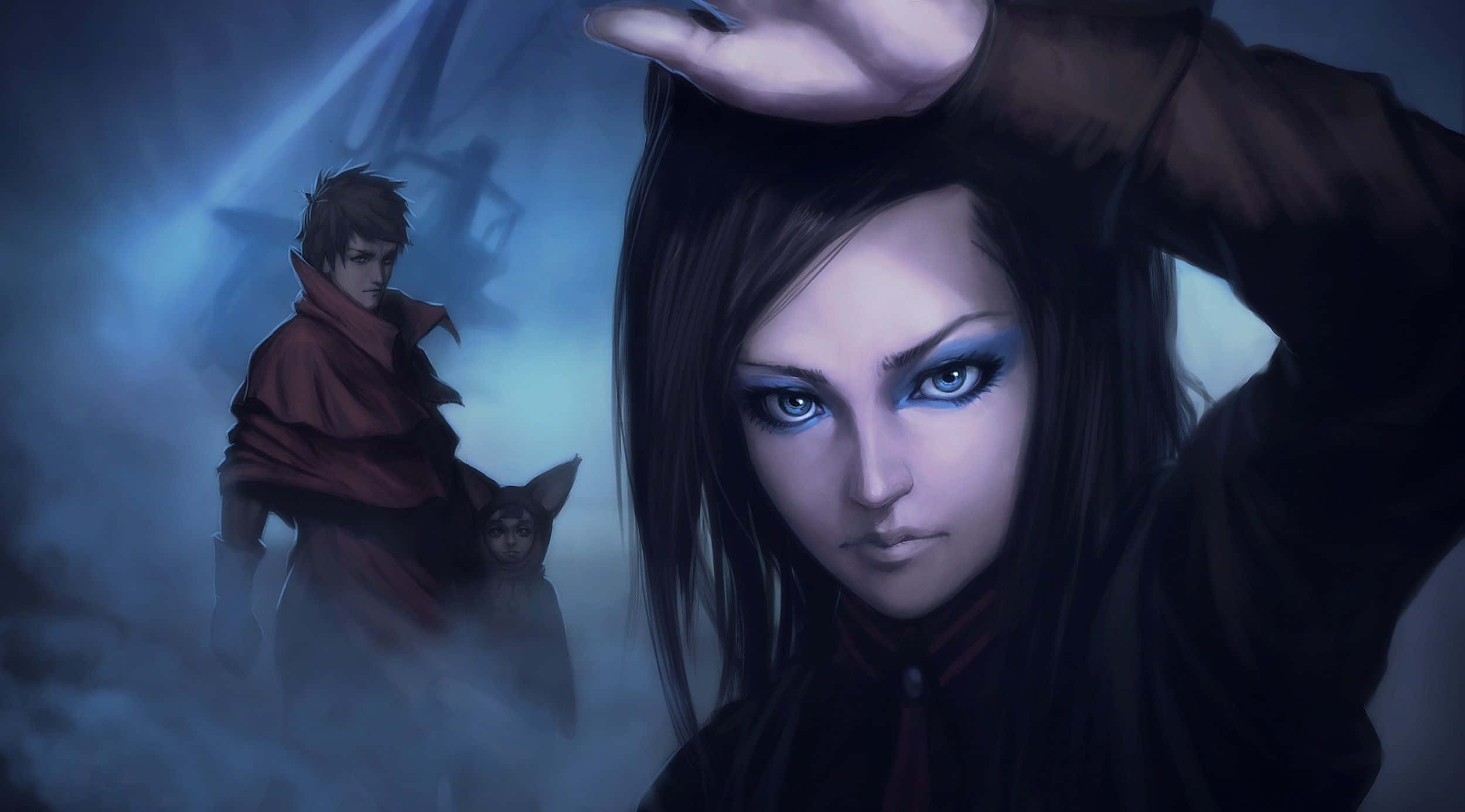 Re-l Mayer, glowing blue eyes, dark hair, Full HD Desktop Wallpaper