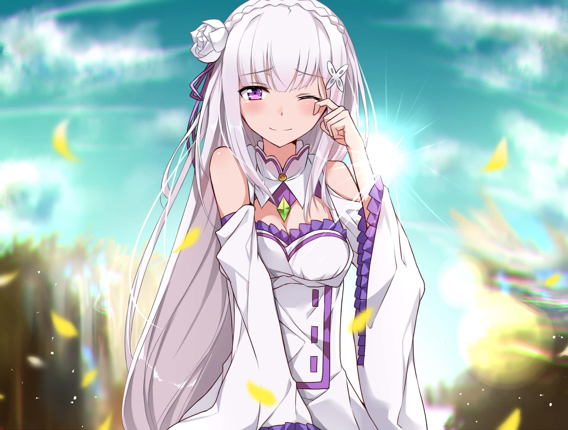 Re:Zero Emilia, white hair, purple eyes, Full HD Desktop Wallpaper