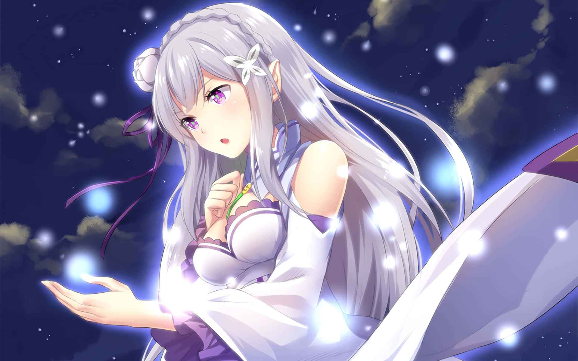 Re Zero Emilia, silver-haired, purple eyes, Full HD Desktop Wallpaper