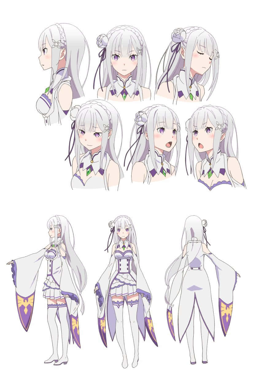 Re Zero Emilia, silver-haired, white and purple outfit, SD Phone Wallpaper