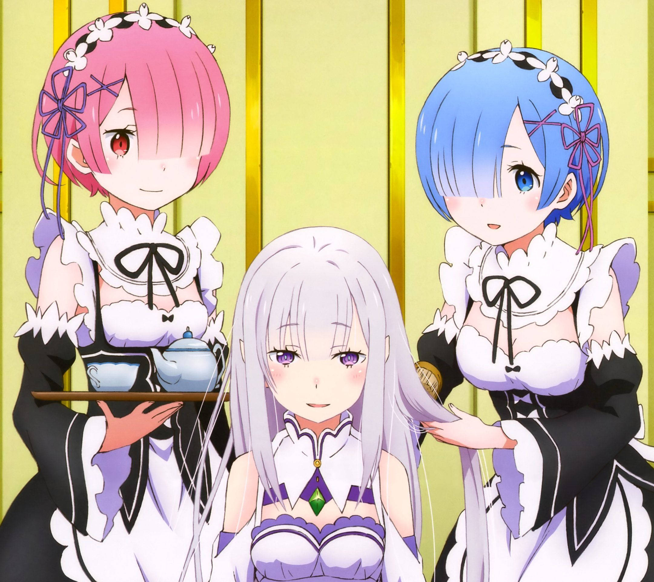 Re: Zero, maid outfits, three anime girls, Full HD Desktop Wallpaper