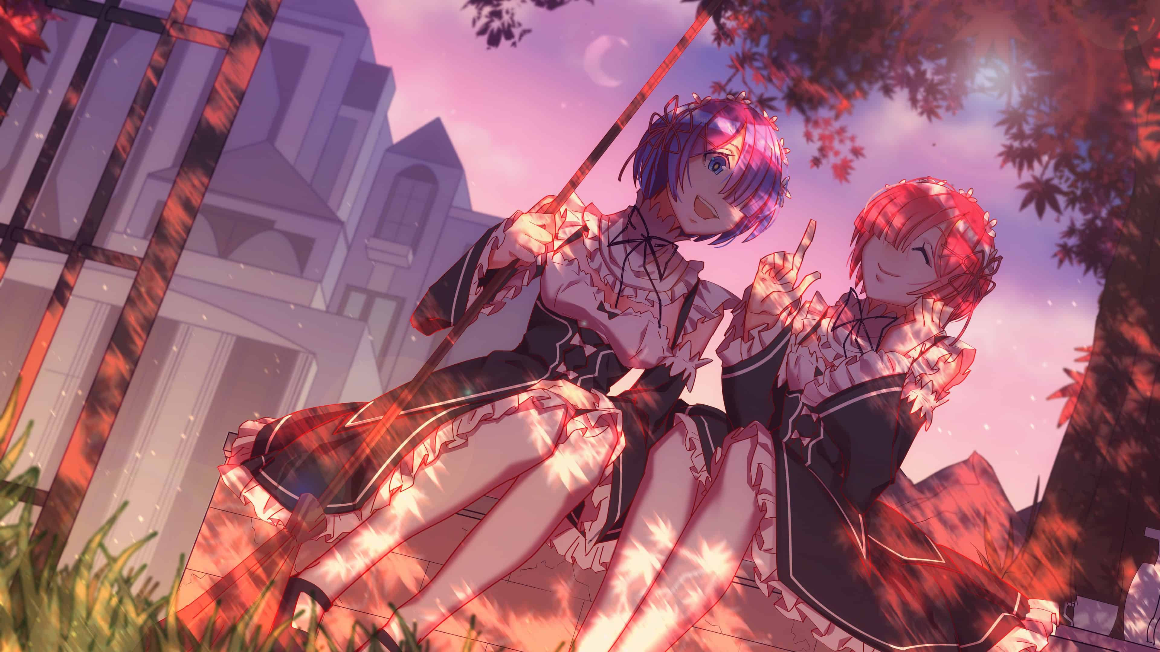 Re Zero, maid outfits, pink sunset, 4K Desktop Wallpaper