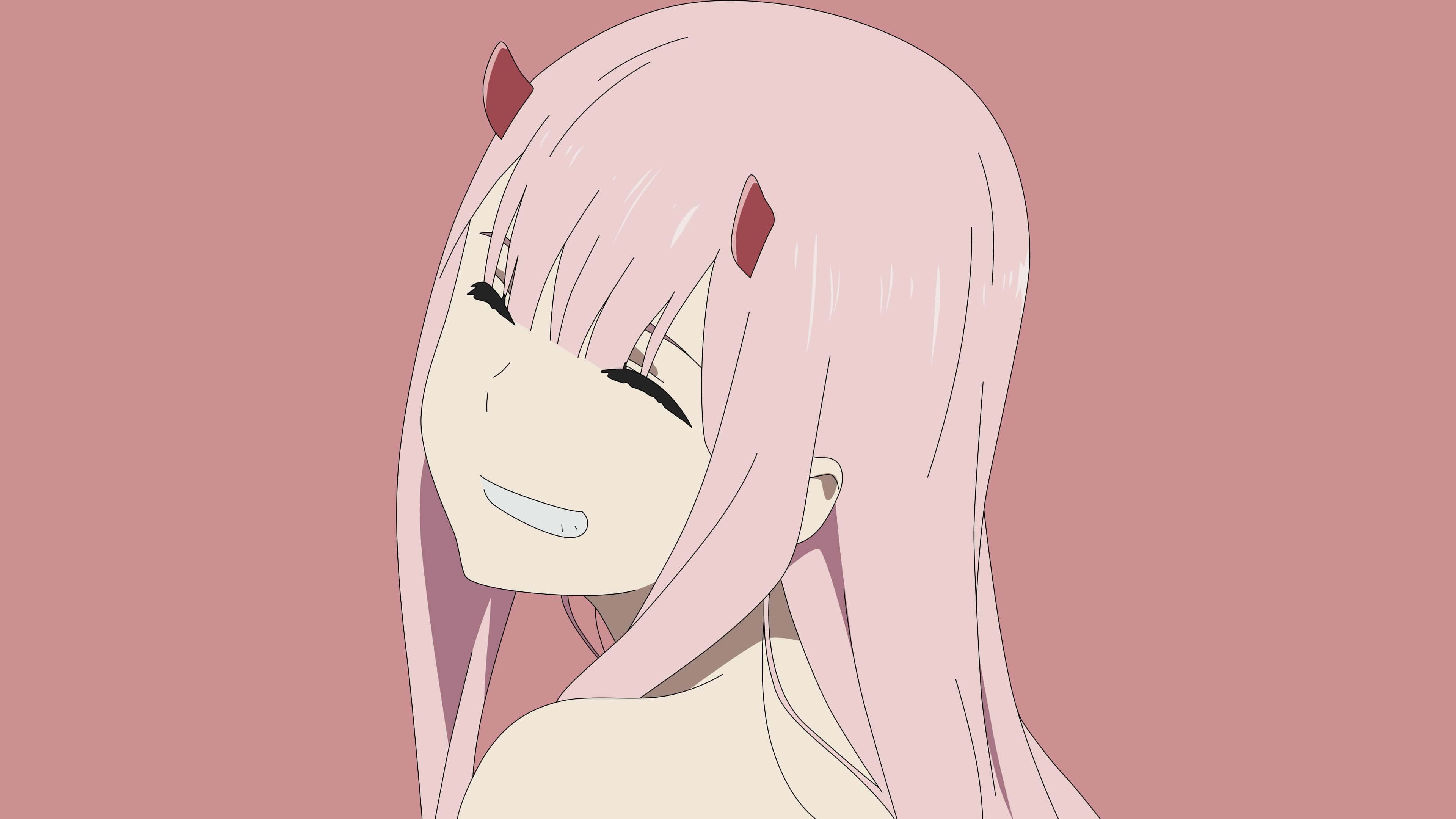 Zero Two, pink hair, small red horns, 4K Desktop Wallpaper