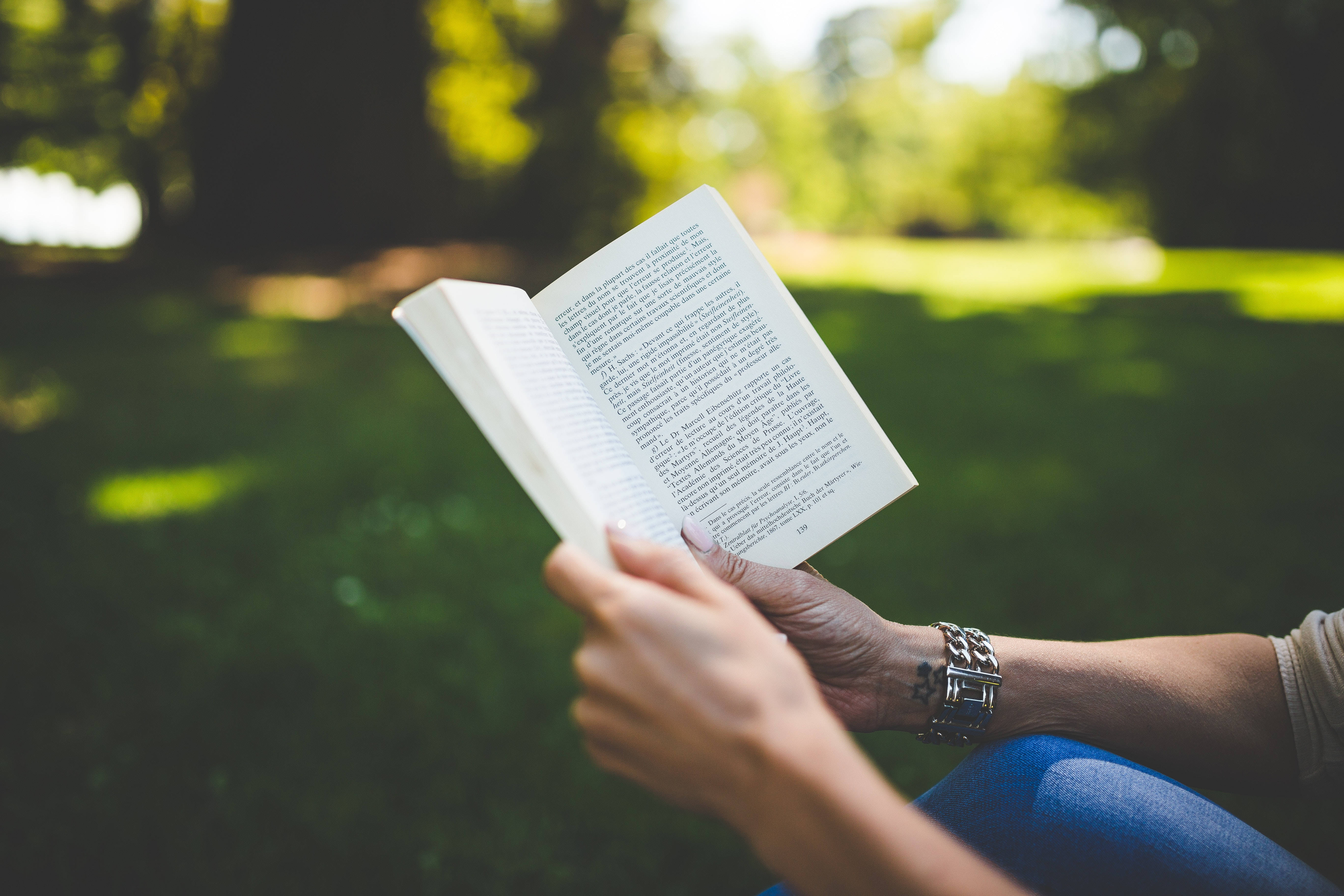 book, grass, dappled sunlight, 5K Desktop Wallpaper