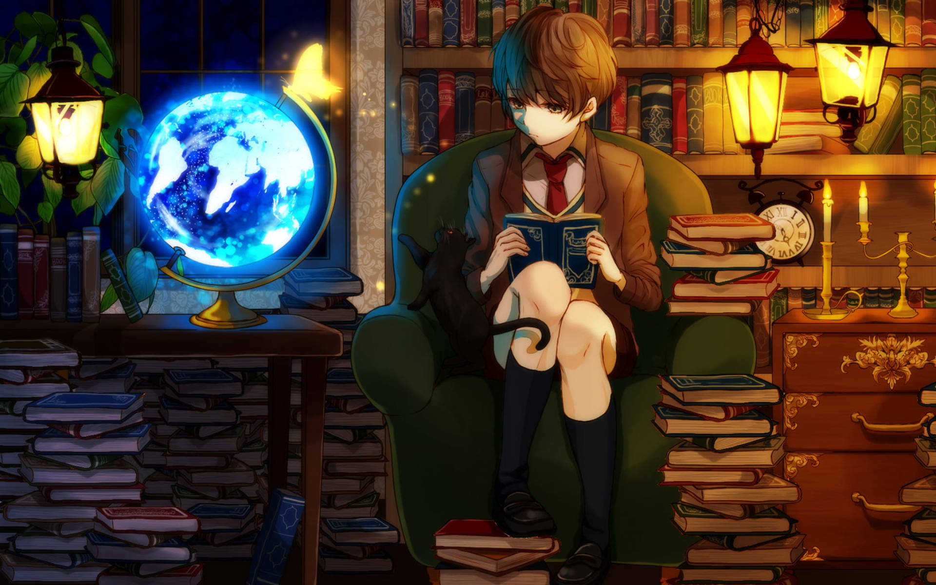 anime boy student, school uniform, cozy library, Full HD Desktop Wallpaper