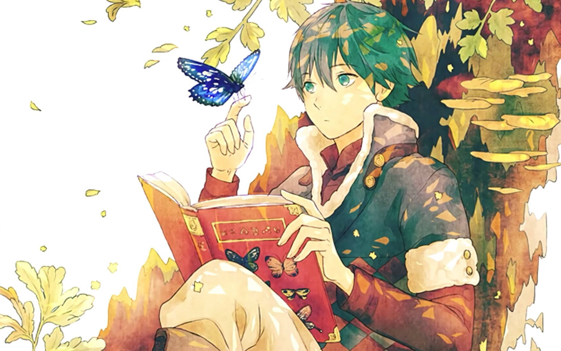 green-haired anime boy, red book, autumn leaves, Full HD Desktop Wallpaper