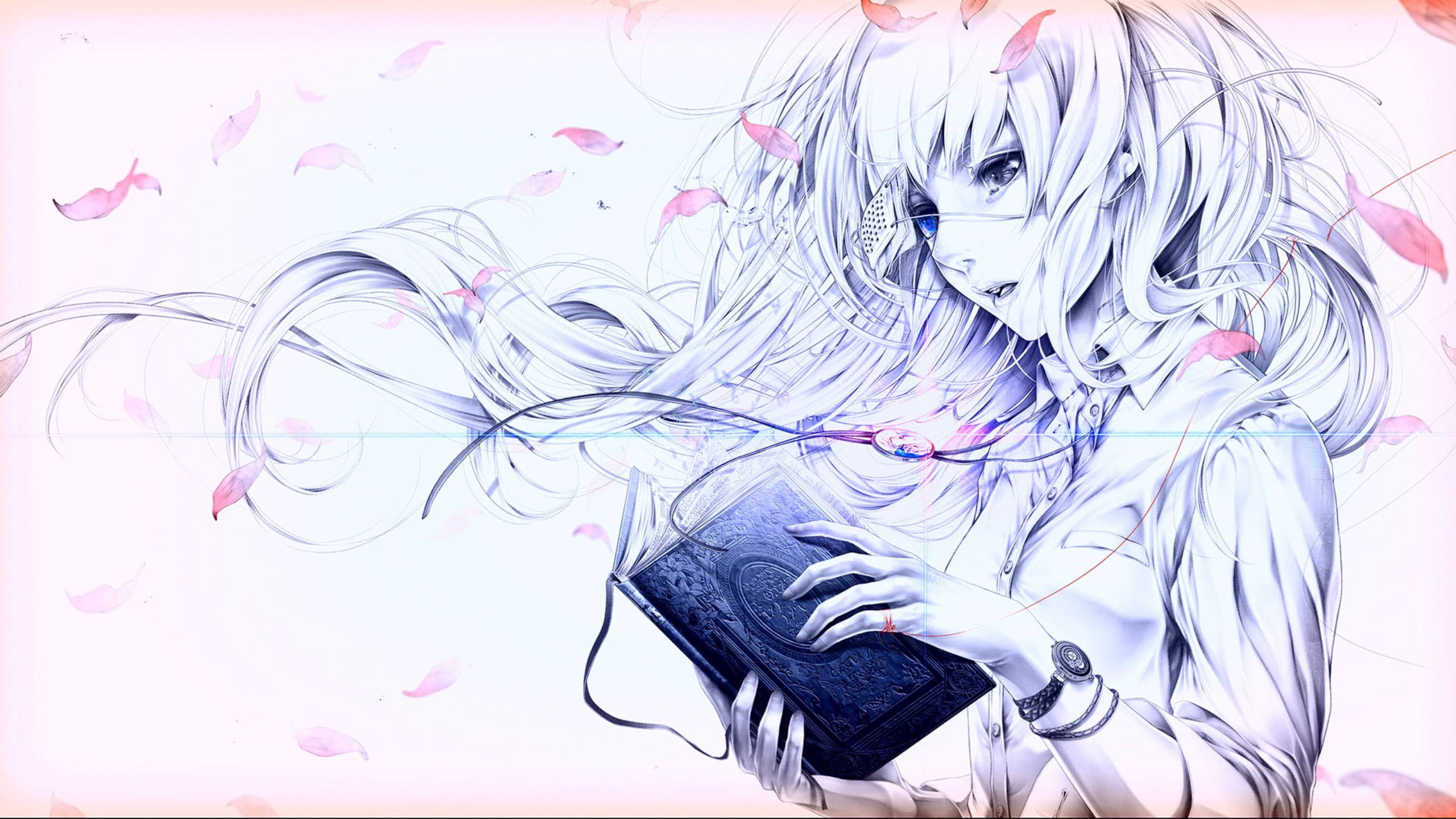 anime girl, silver hair, dark book, 2K Desktop Wallpaper