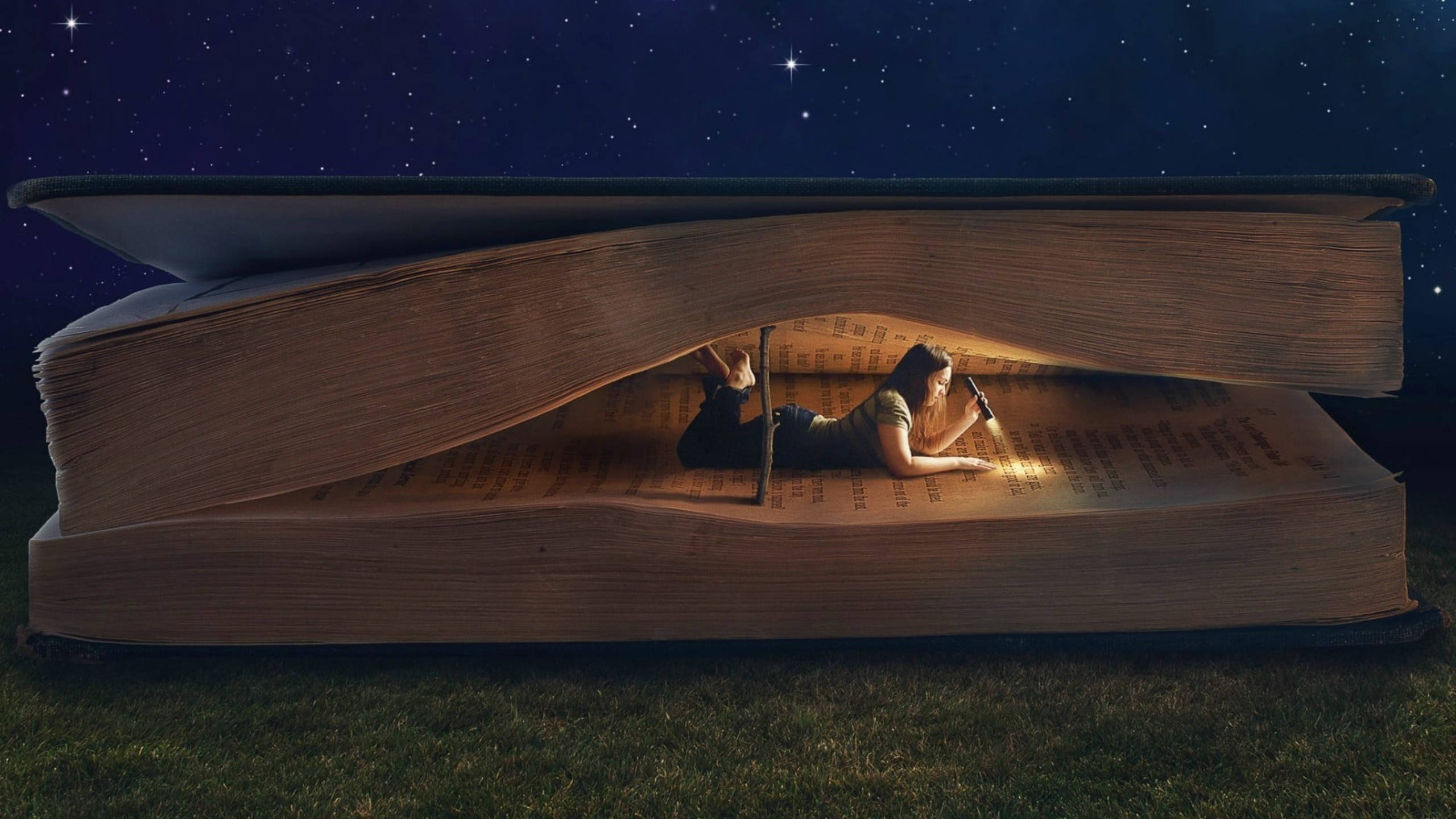 girl, book, starry night sky, 2K Desktop Wallpaper