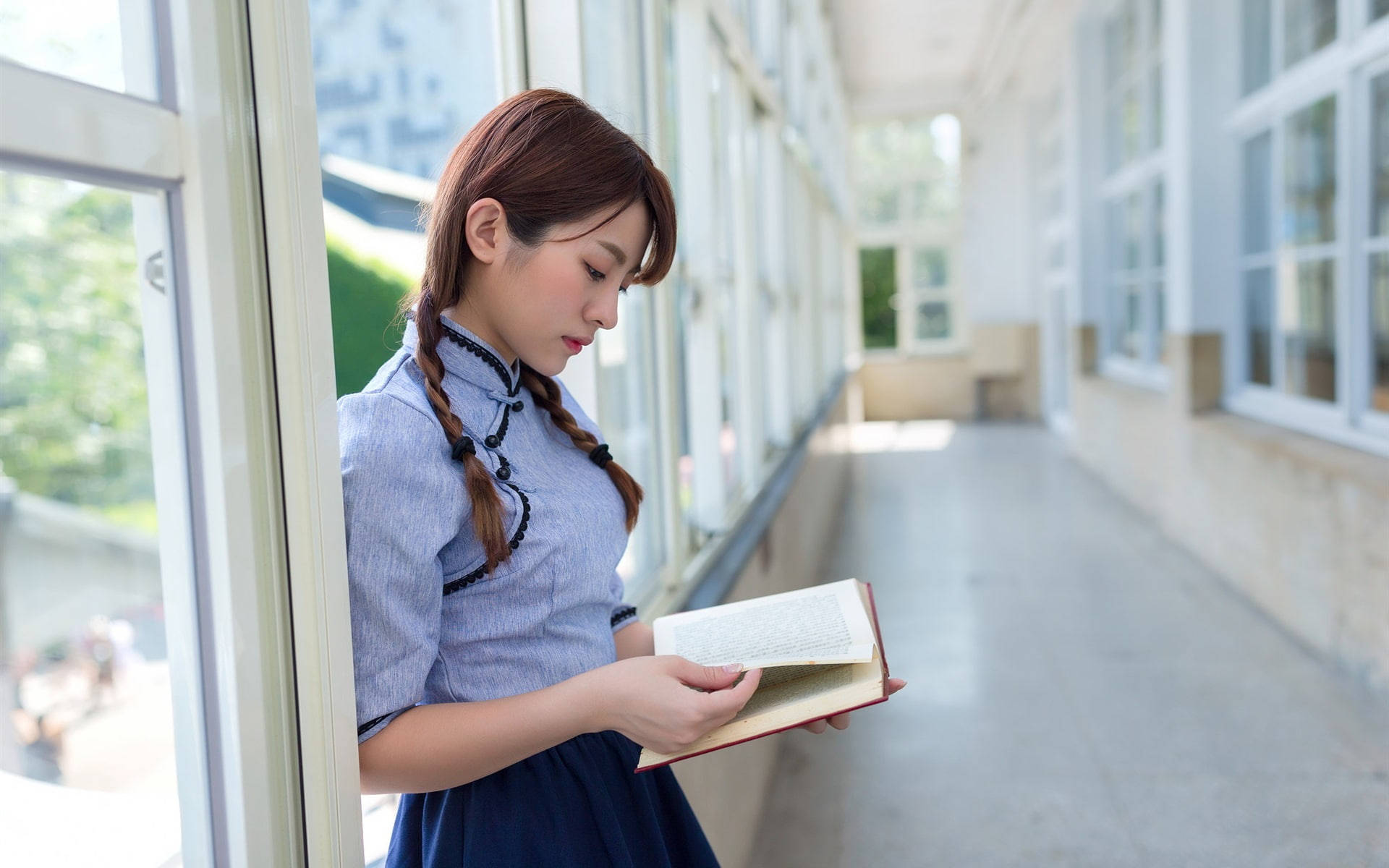 girl student, blue school uniform, window, Full HD Desktop Wallpaper