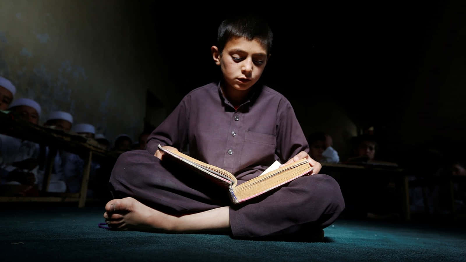 young Muslim boy, reading Quran, teal carpet, HD Desktop Wallpaper