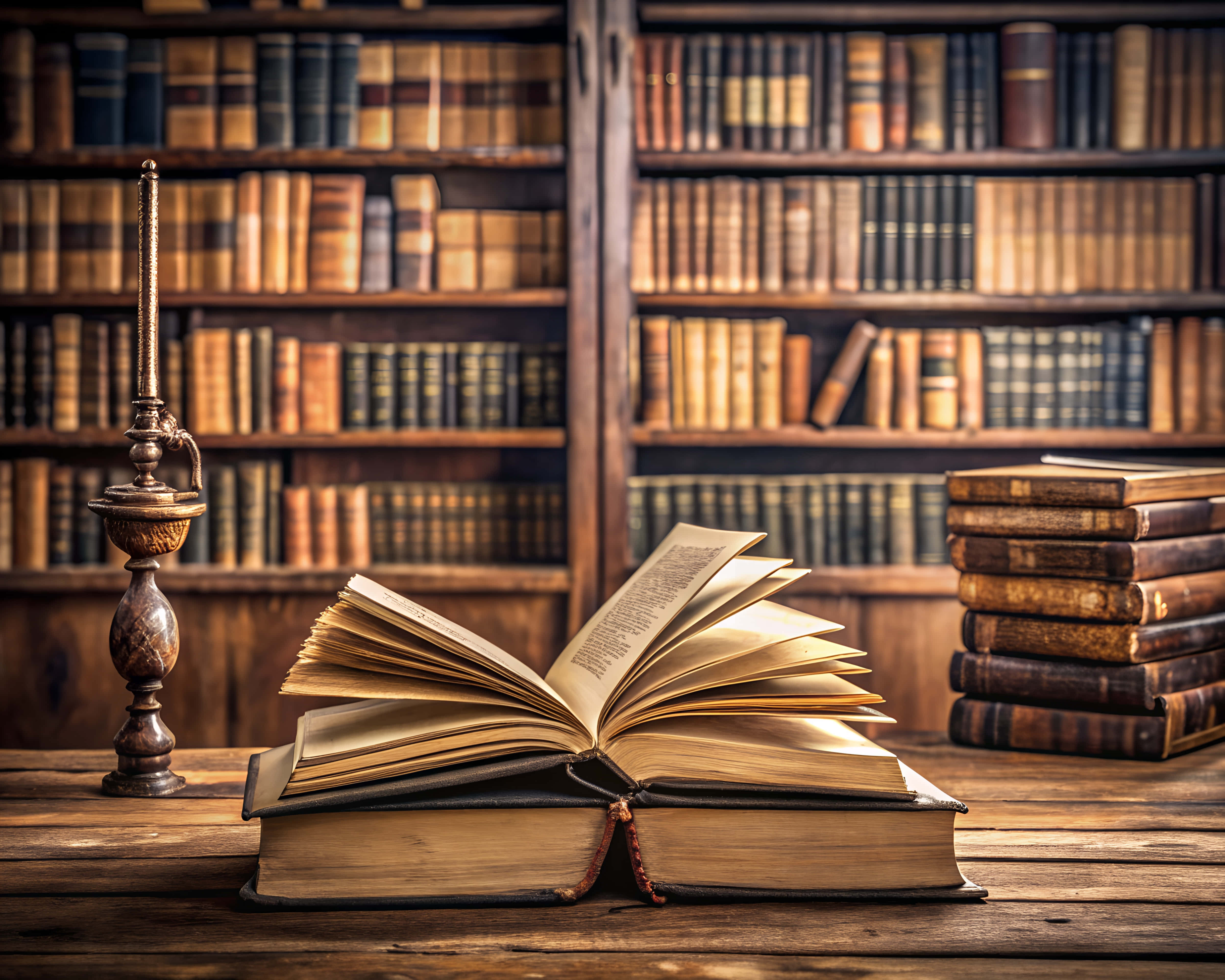 open vintage book, wooden table, stack of old tomes, 4K Desktop Wallpaper