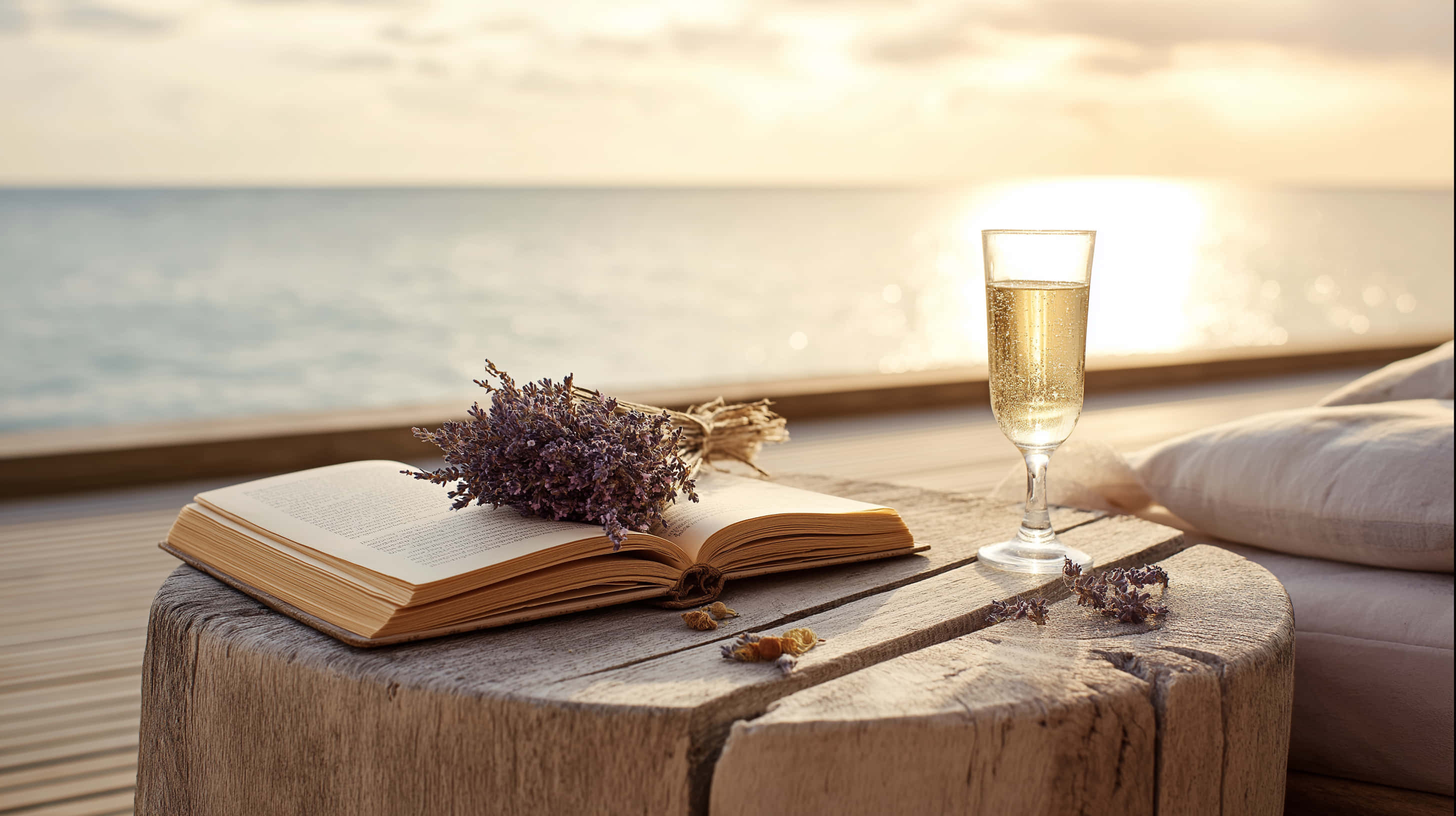 weathered wooden table, open book, dried lavender, 2K Desktop Wallpaper