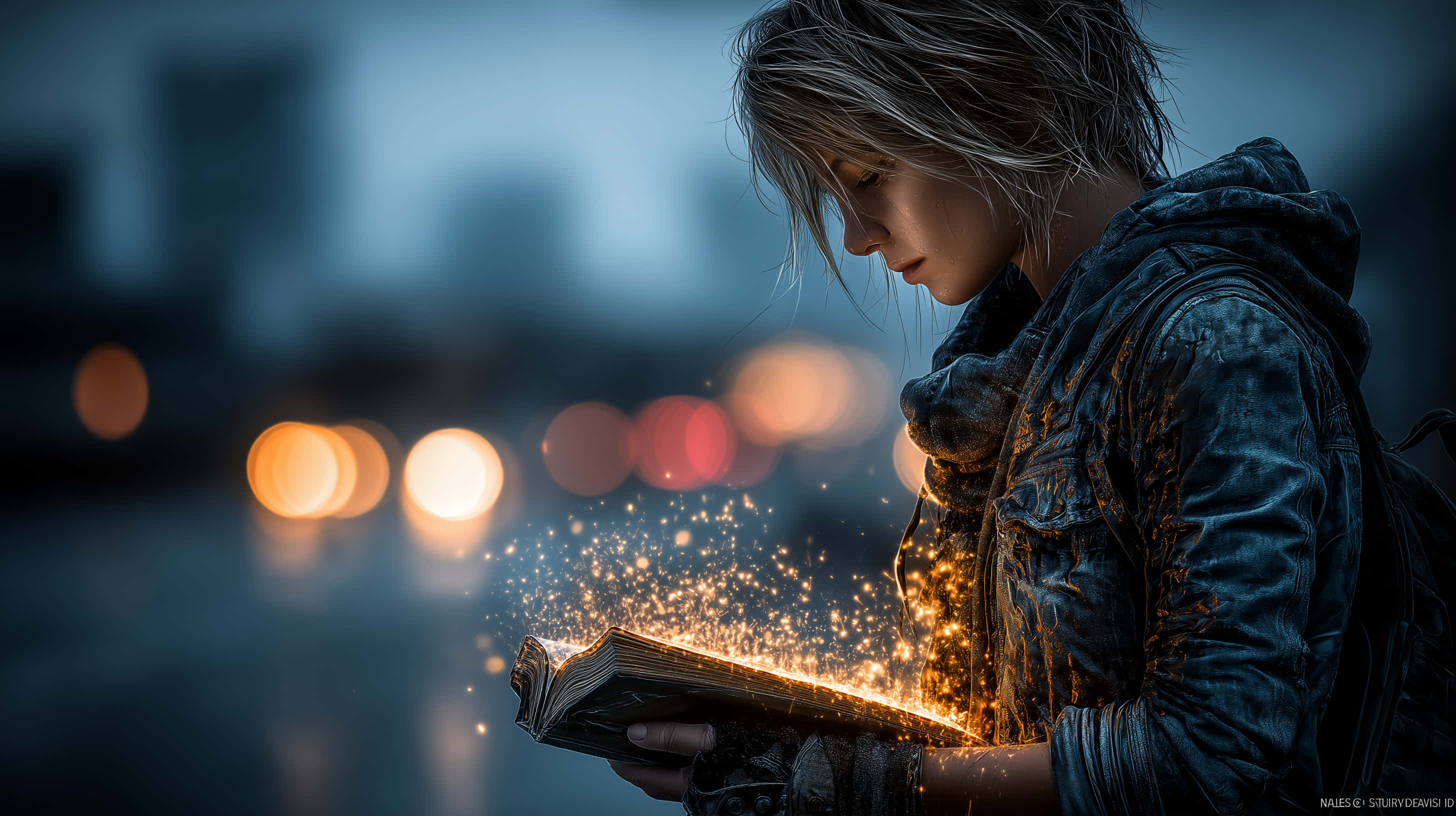 hoodie, glowing book, golden sparks, 2K Desktop Wallpaper