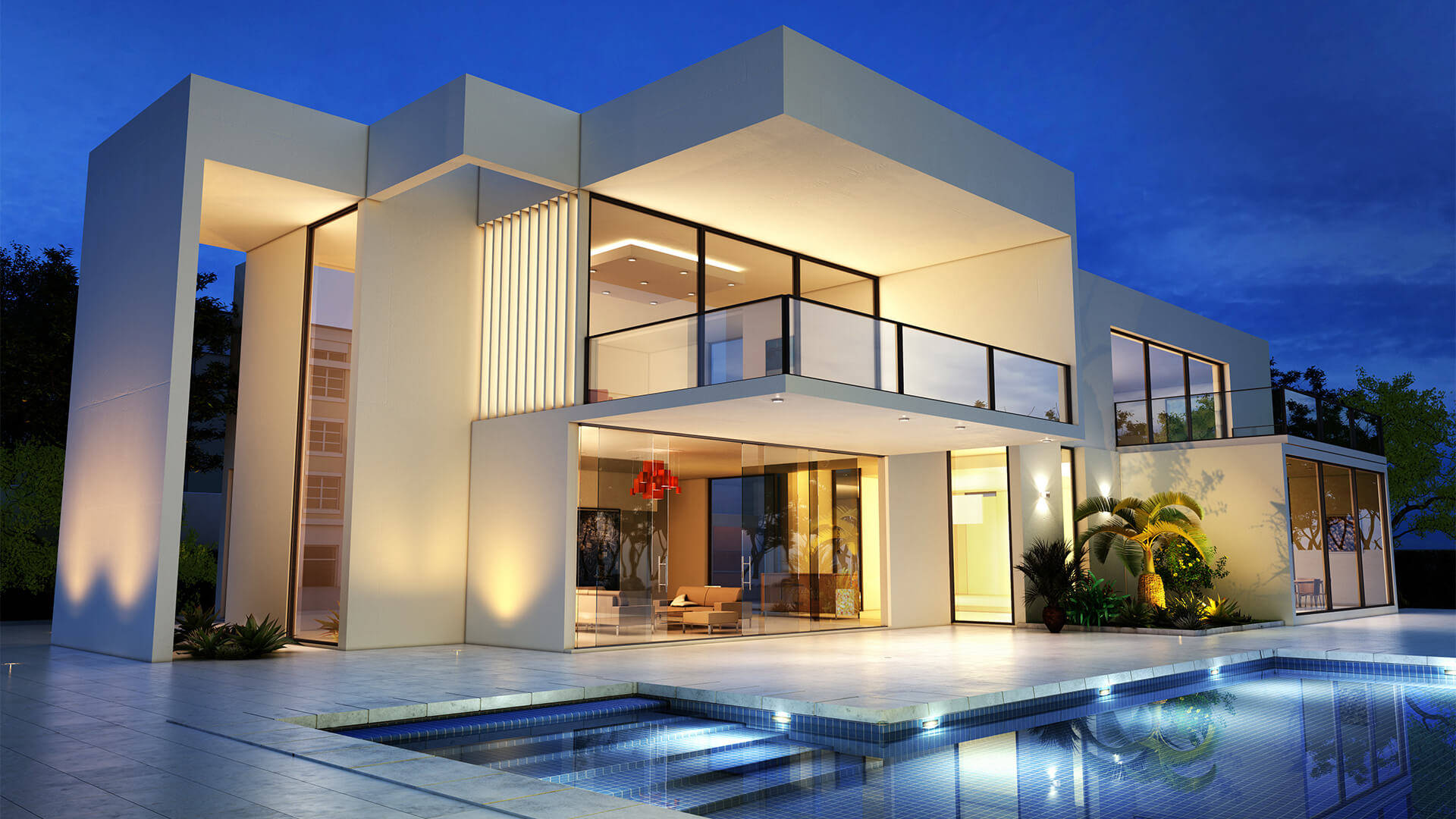 modern white house, glowing interior lights, pool, Full HD Desktop Wallpaper