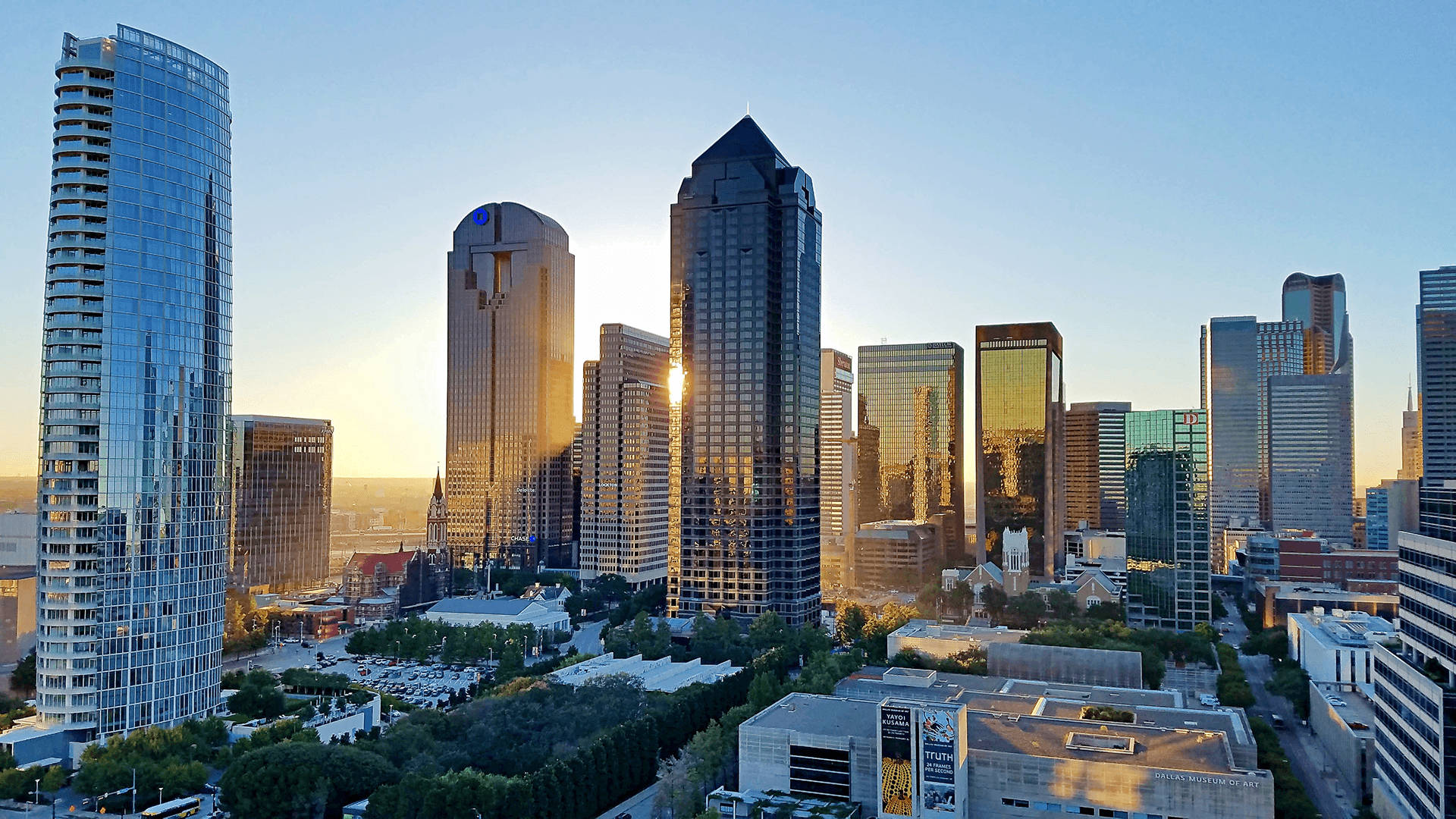 Sunset, modern skyscrapers, glass facades, Full HD Desktop Wallpaper